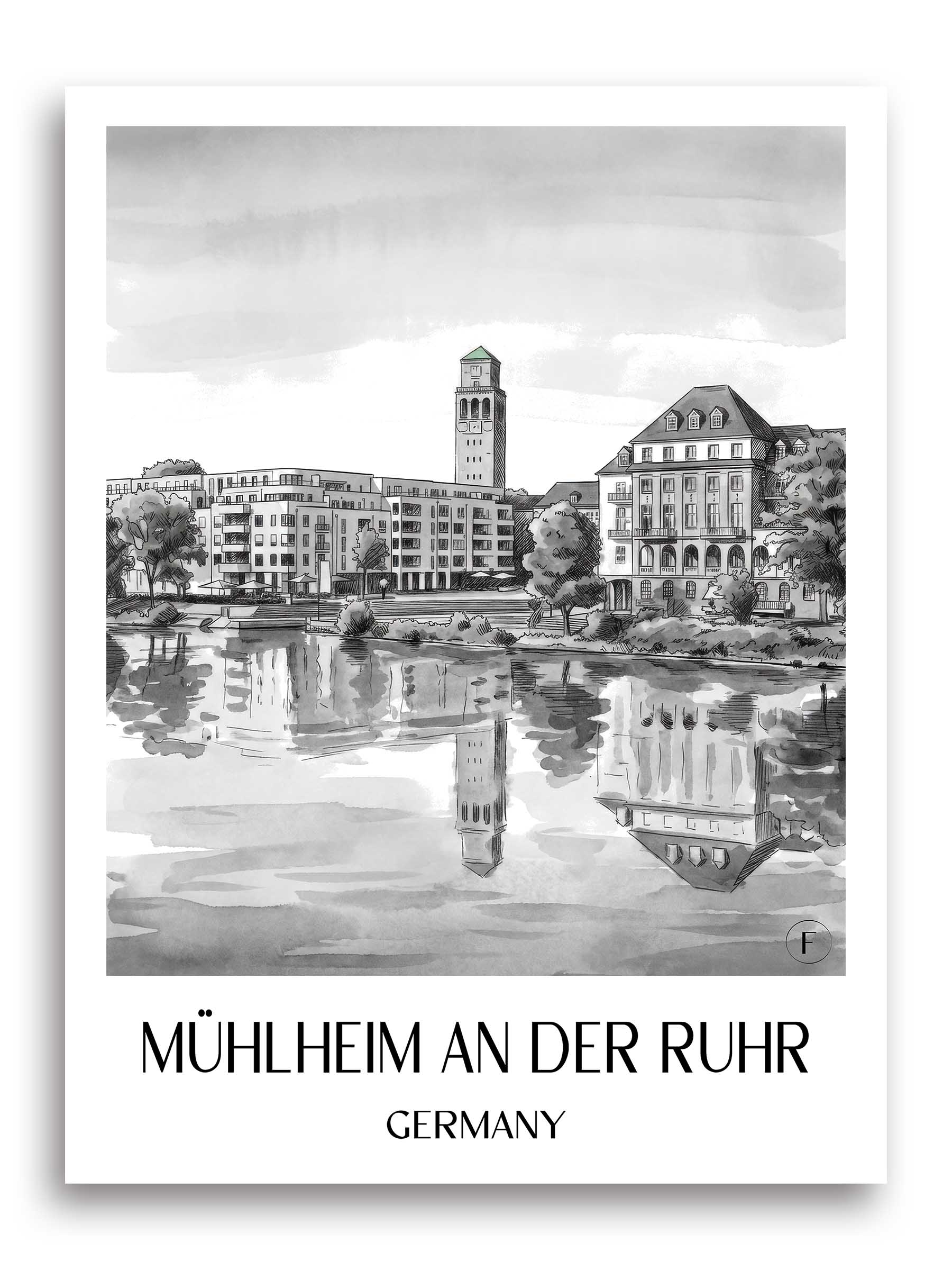 Mühlheim an der Ruhr Poster - Ruhrgebiet - Deutschland Kunstdruck - Aquarell Schwarz-Weiß von A4 bis A1