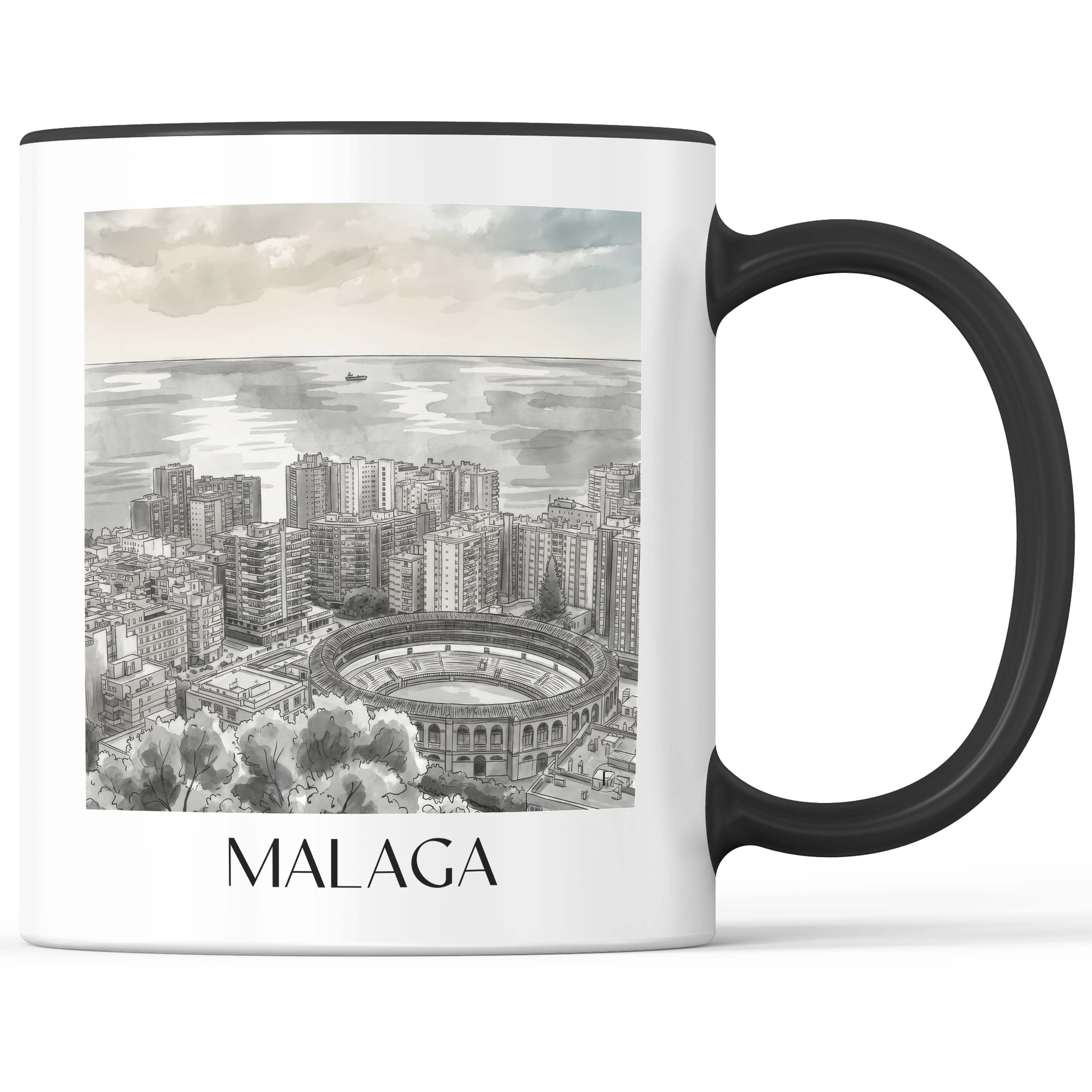 Málaga Kaffeebecher - Spanien - Spanien Becher - Kaffeetasse im Aquarell Schwarz-Weiß Stil - favplace