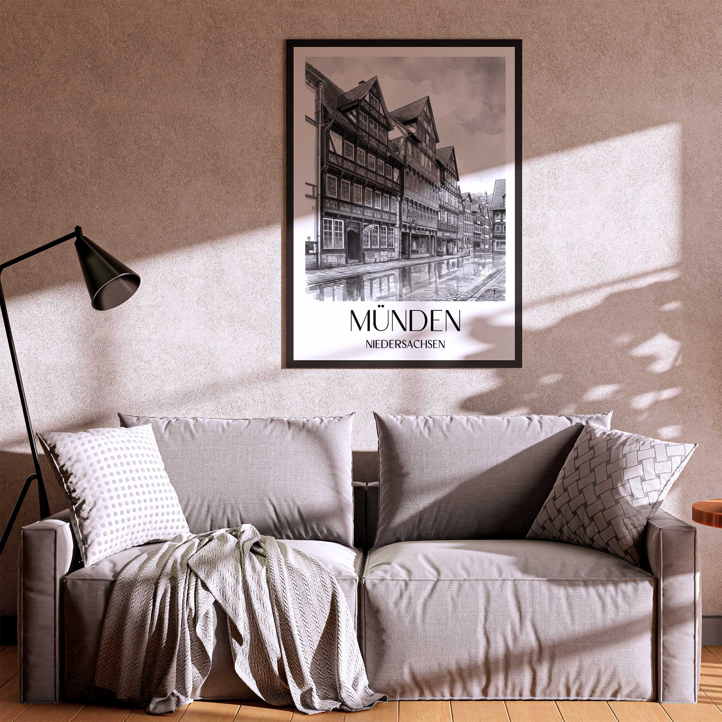 münden-niedersachsen-deutschland-poster-aquarell-schwarz-weiss