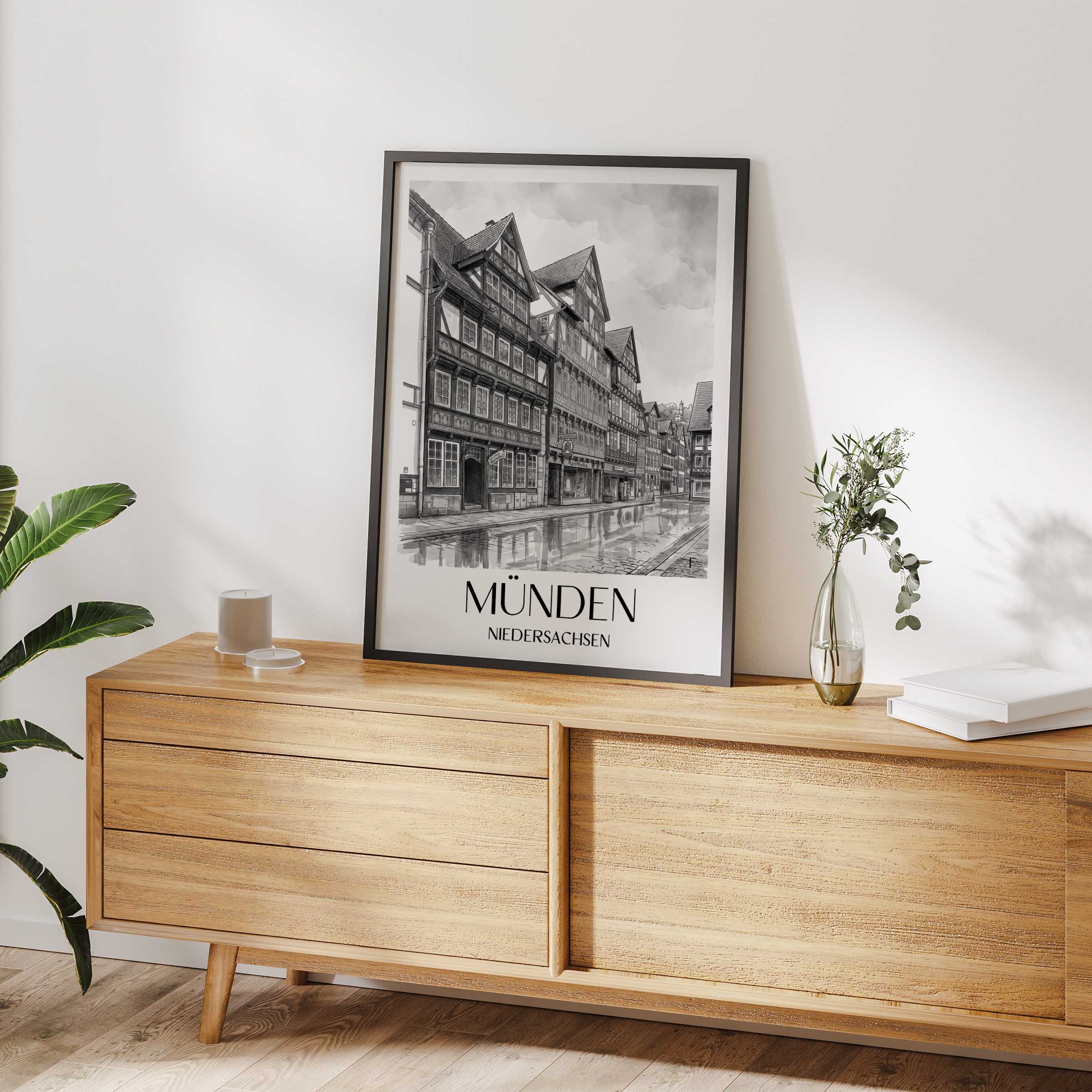 münden-niedersachsen-deutschland-poster-aquarell-schwarz-weiss