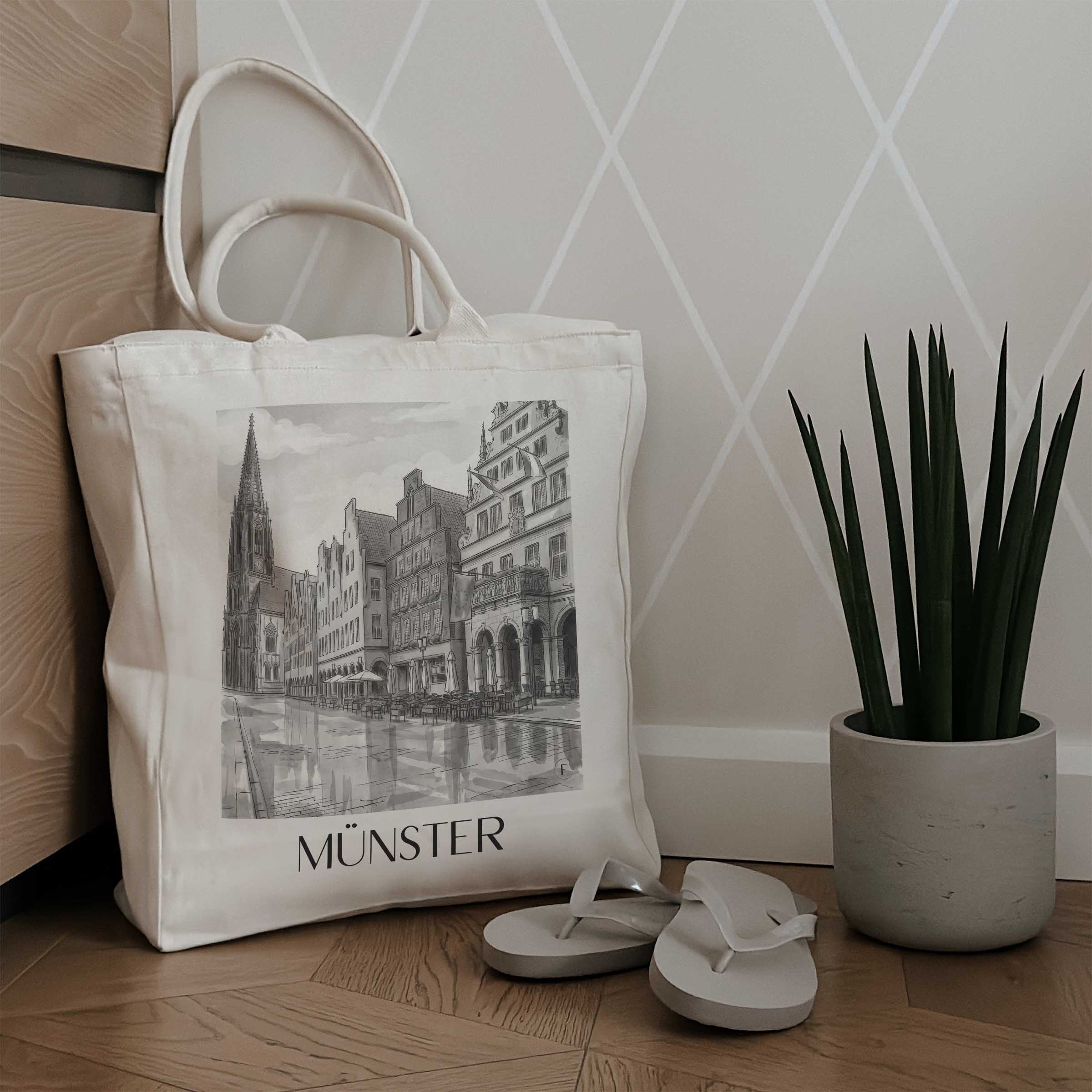 münster-deutschland-einkaufstasche-aquarell-schwarz-weiss