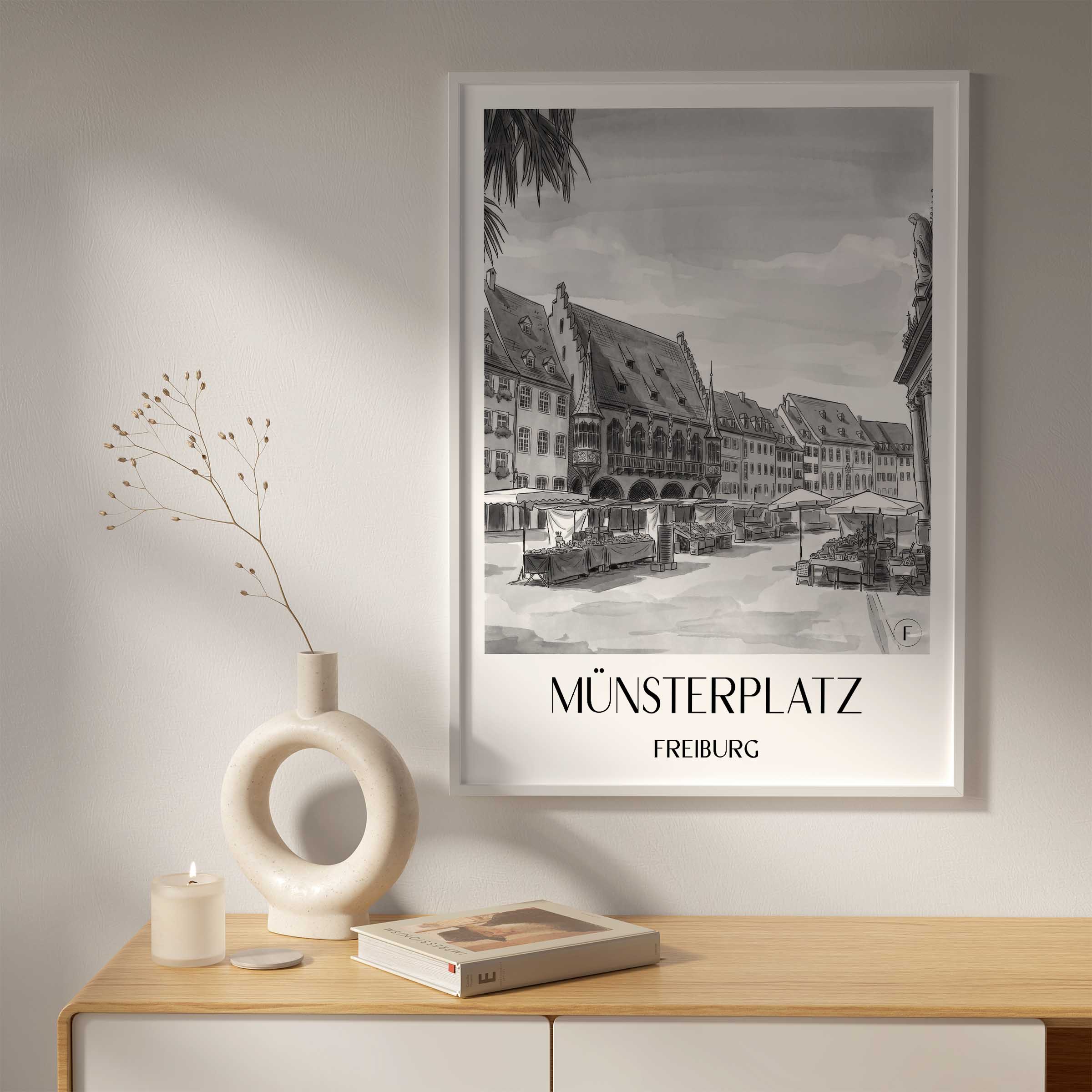 münsterplatz-freiburg-deutschland-poster-aquarell-schwarz-weiss