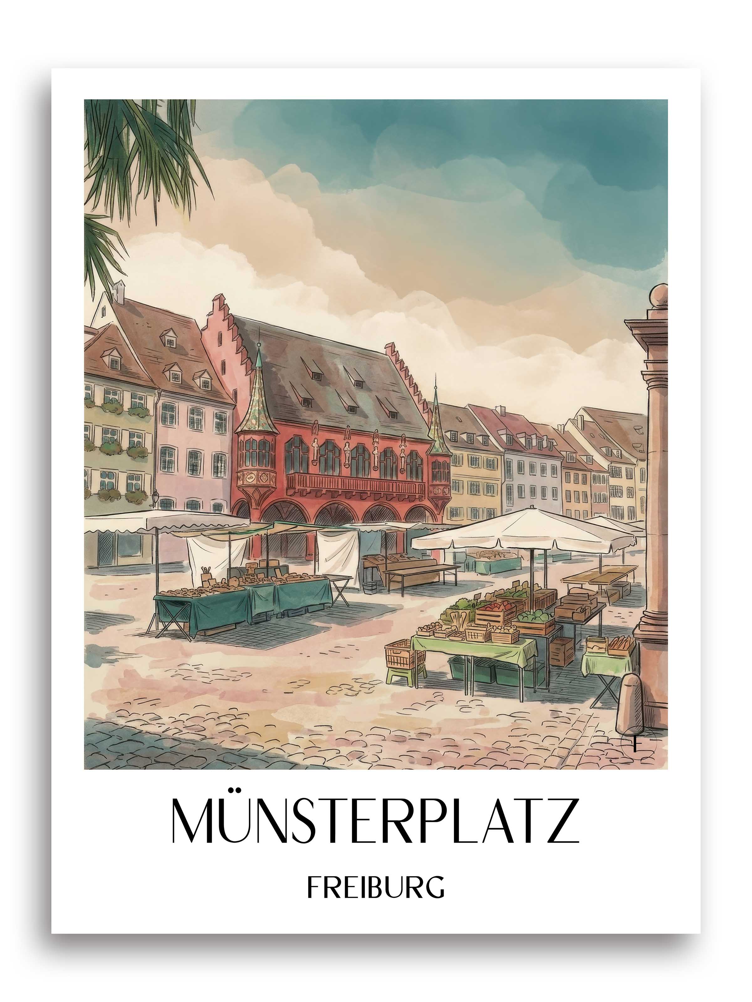 Münsterplatz Poster - Freiburg - Deutschland Kunstdruck - Aquarell von A4 bis A1 - favplace