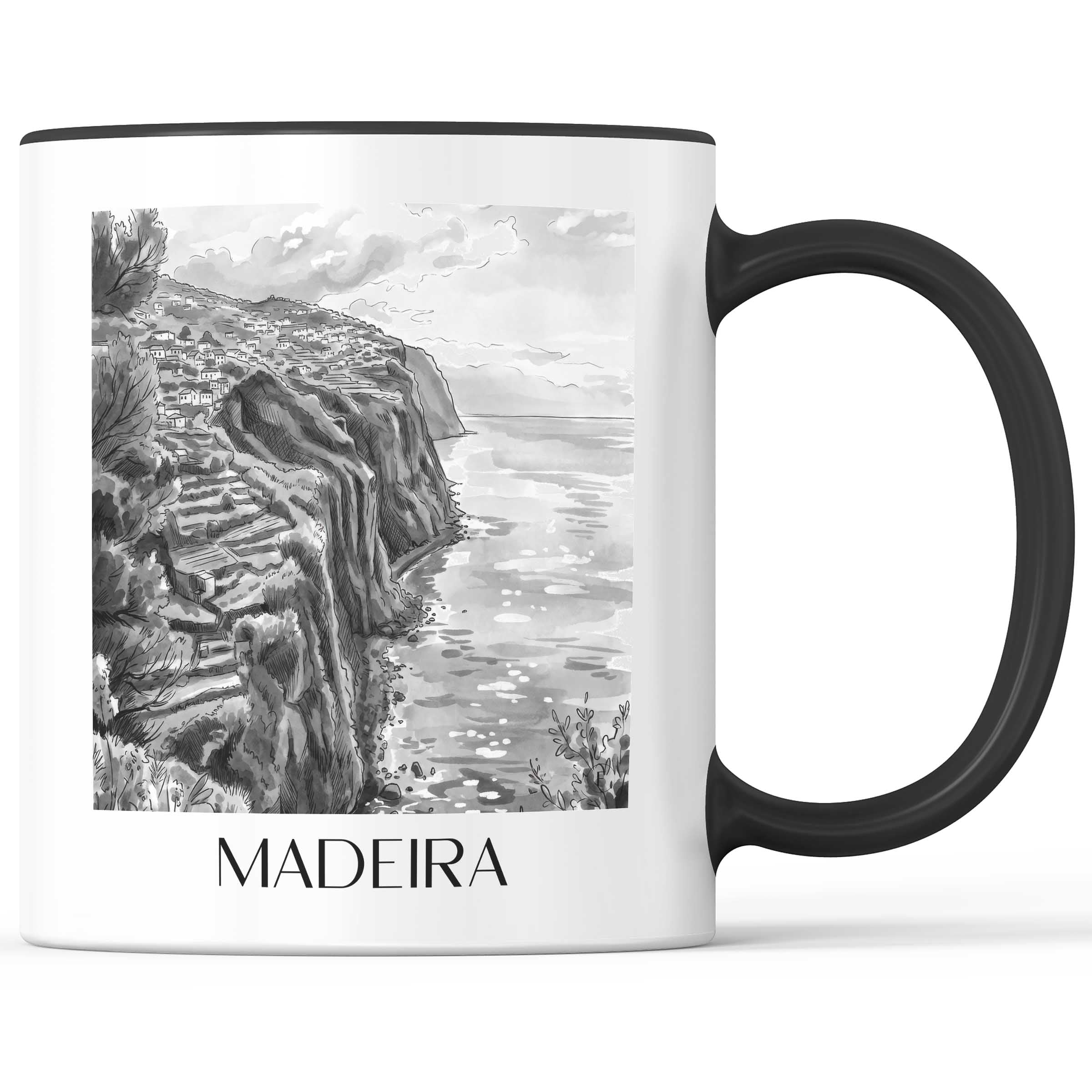 Madeira - Portugal Becher - Kaffeetasse im Aquarell Schwarz-Weiß Stil - favplace