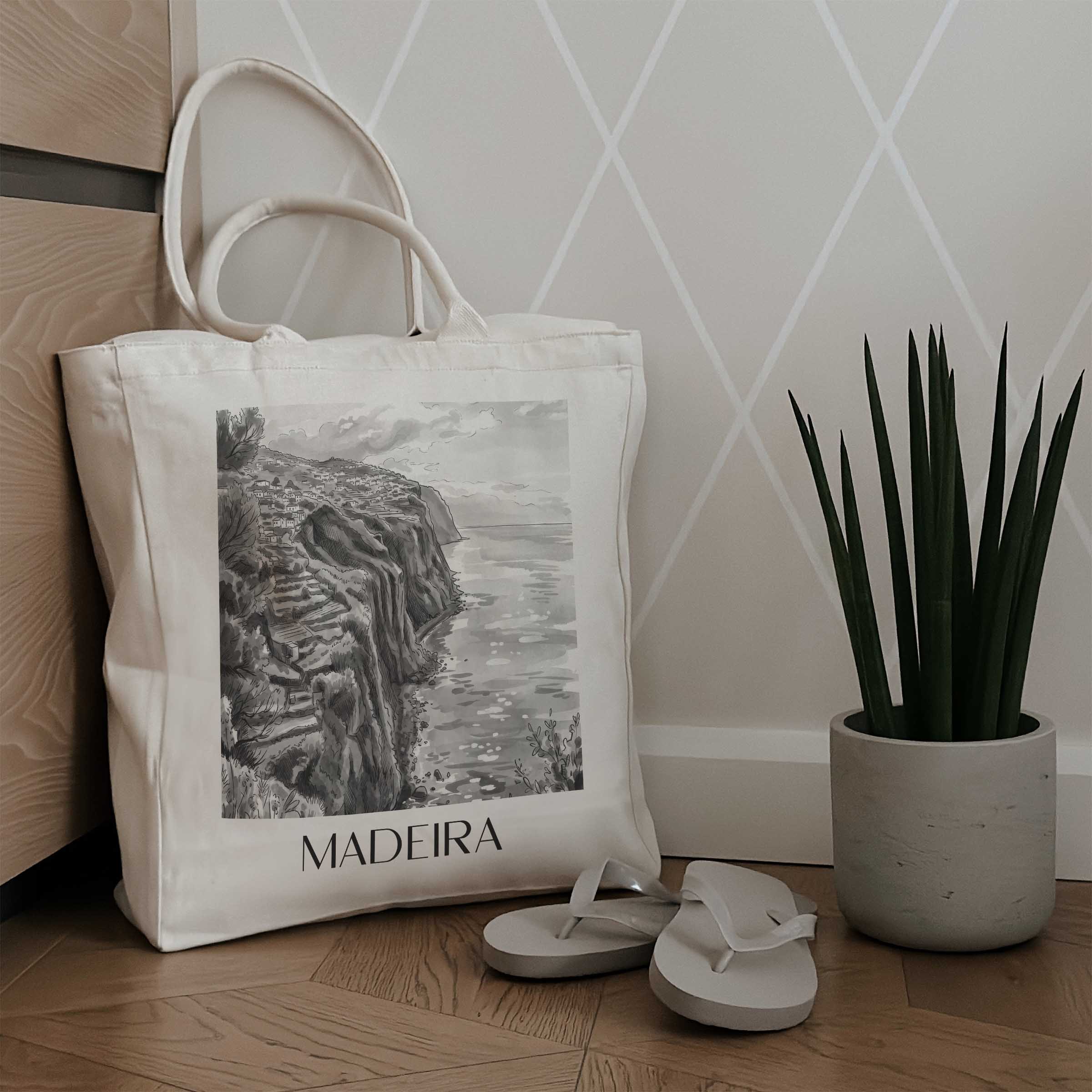 madeira-portugal-einkaufstasche-aquarell-schwarz-weiss