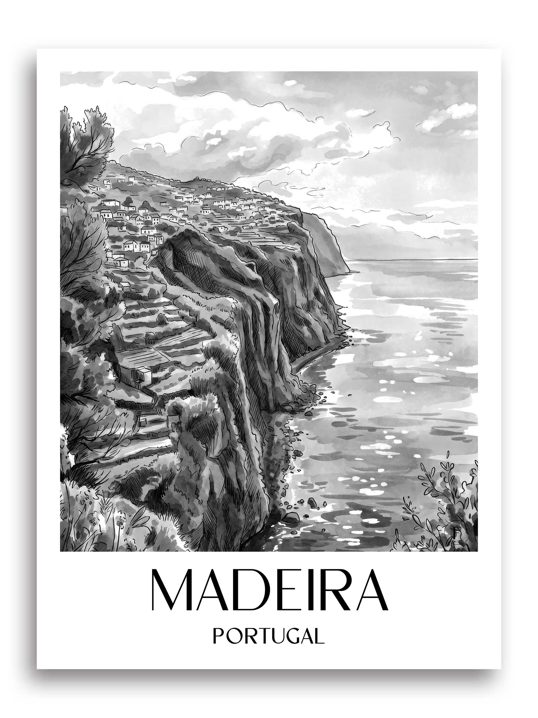Madeira Poster - - Portugal Kunstdruck - Aquarell Schwarz-Weiß von A4 bis A1 - favplace