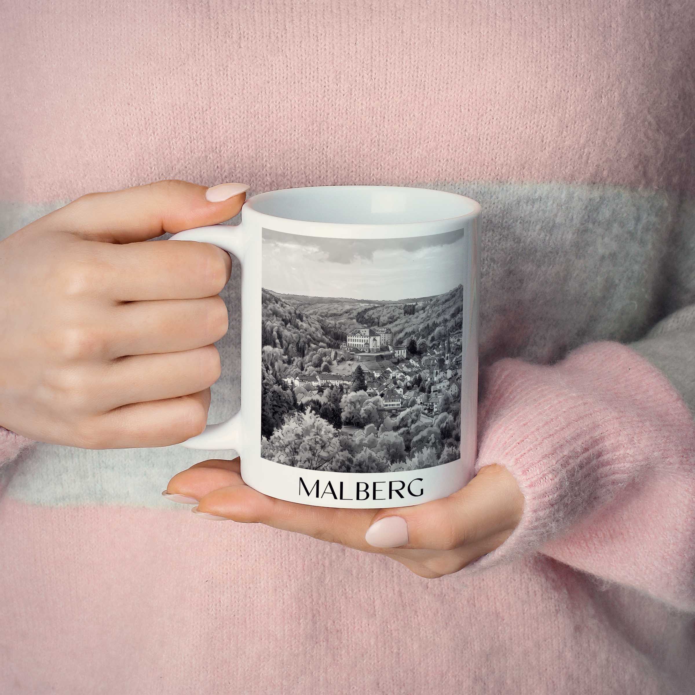 malberg-eifel-deutschland-kaffeebecher-aquarell-schwarz-weiss