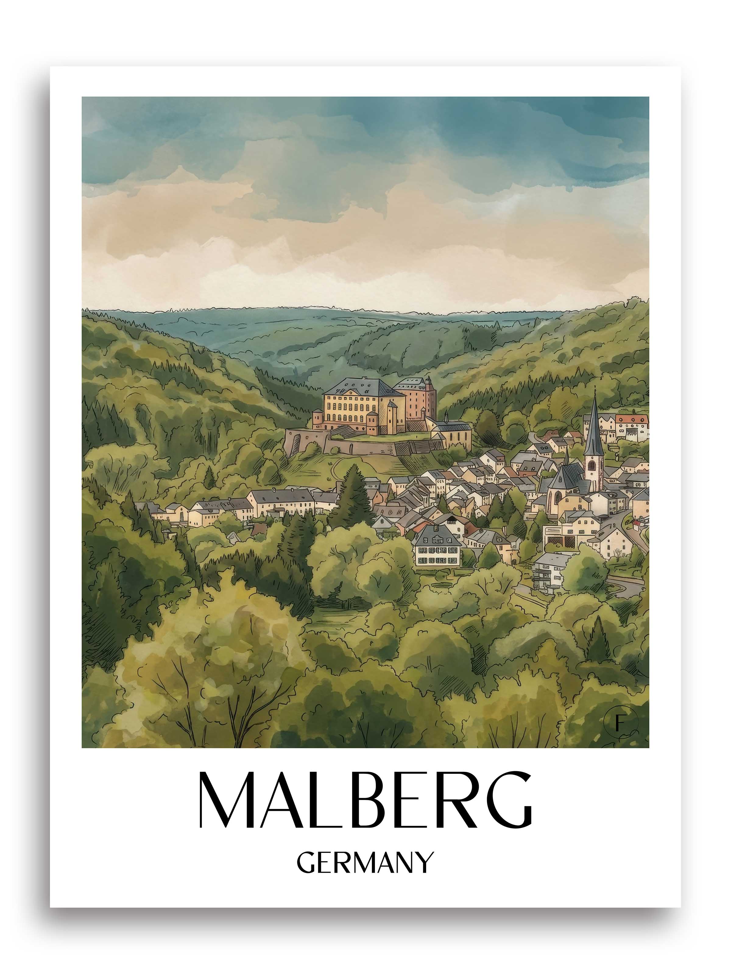 Malberg Poster - Eifel - Deutschland Kunstdruck - Aquarell von A4 bis A1 - favplace