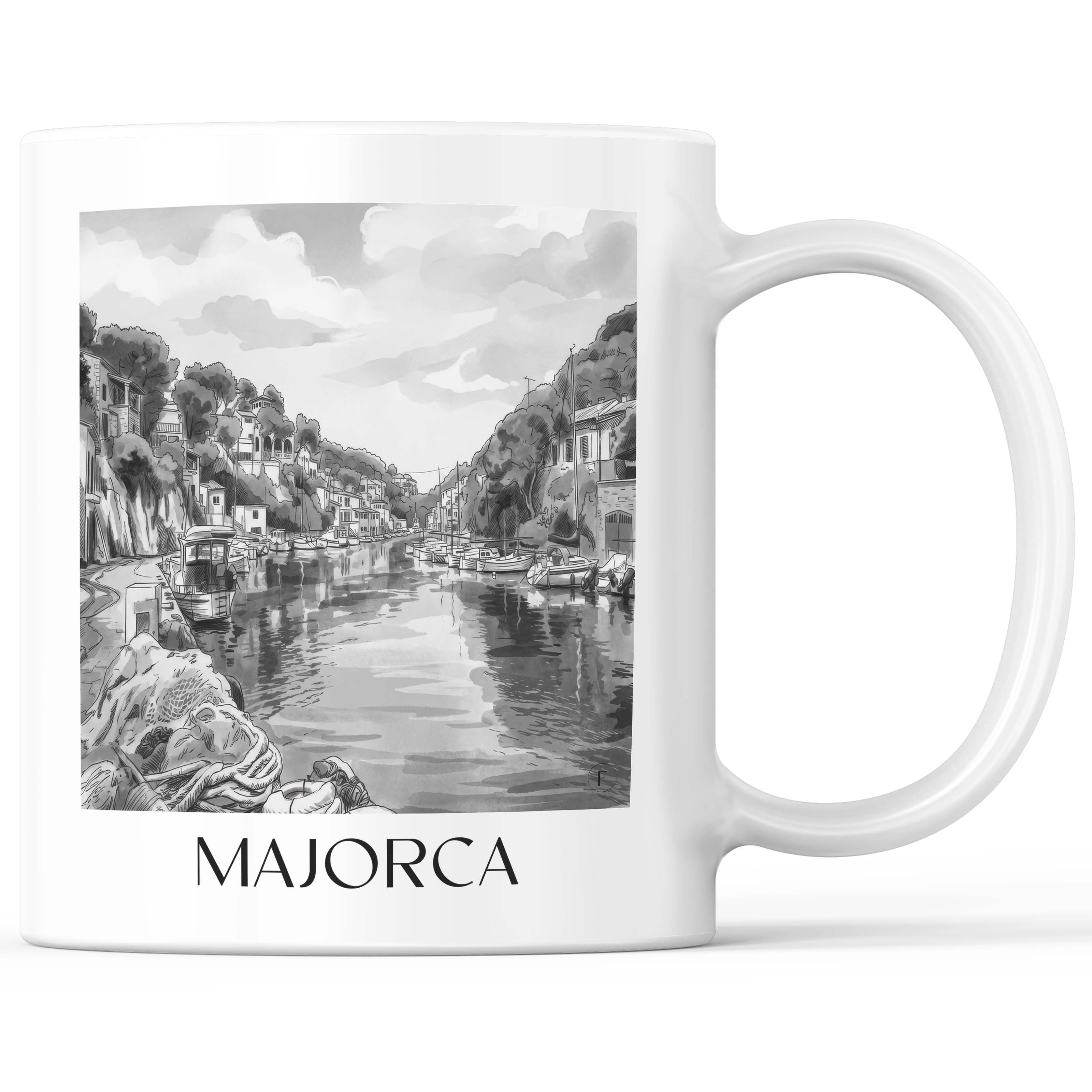 Mallorca Kaffeebecher - Spanien - Spanien Becher - Kaffeetasse im Aquarell Schwarz-Weiß Stil - favplace