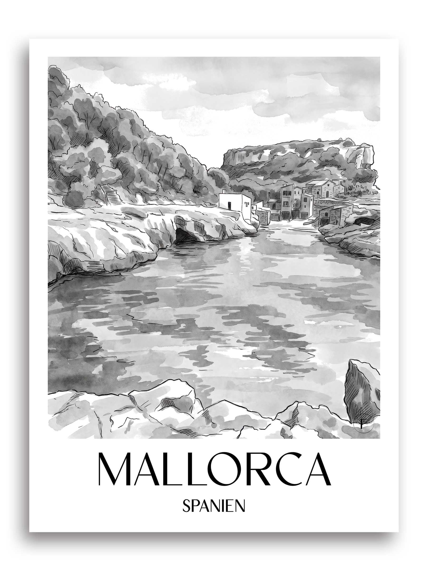 mallorca-spanien-poster-aquarell-schwarz-weiss