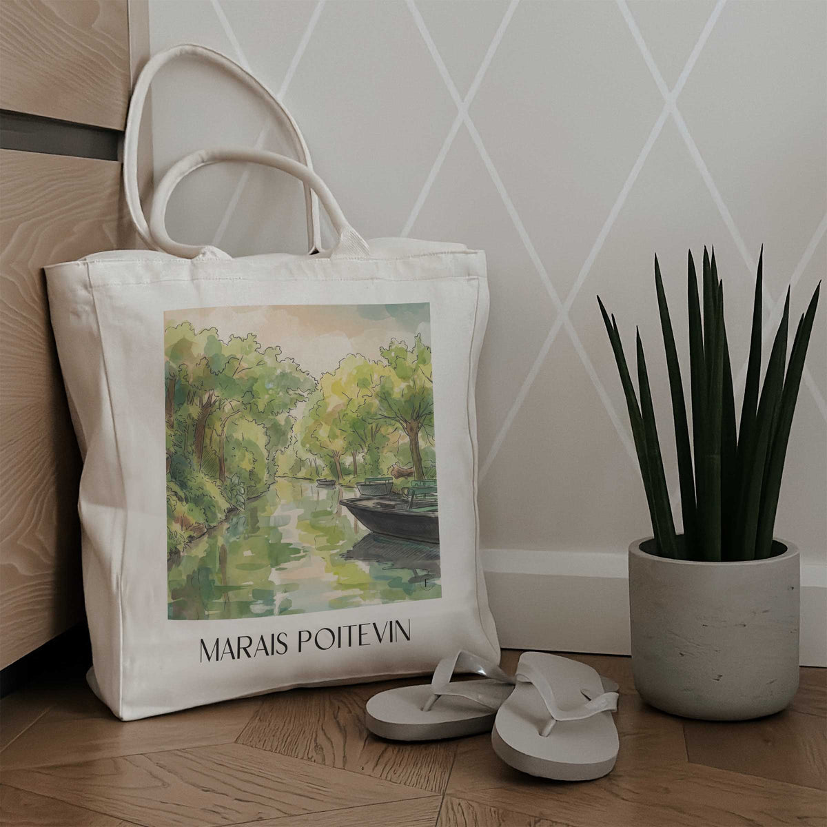 marais-poitevin-coulon-frankreich-einkaufstasche-aquarell