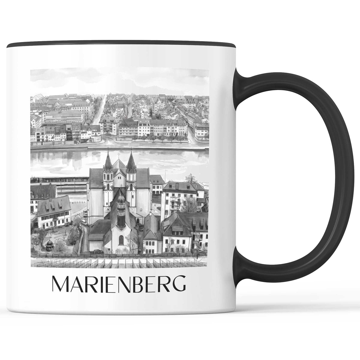 Marienberg Kaffeebecher - Würzburg - Deutschland Becher - Kaffeetasse im Aquarell Schwarz-Weiß Stil - favplace
