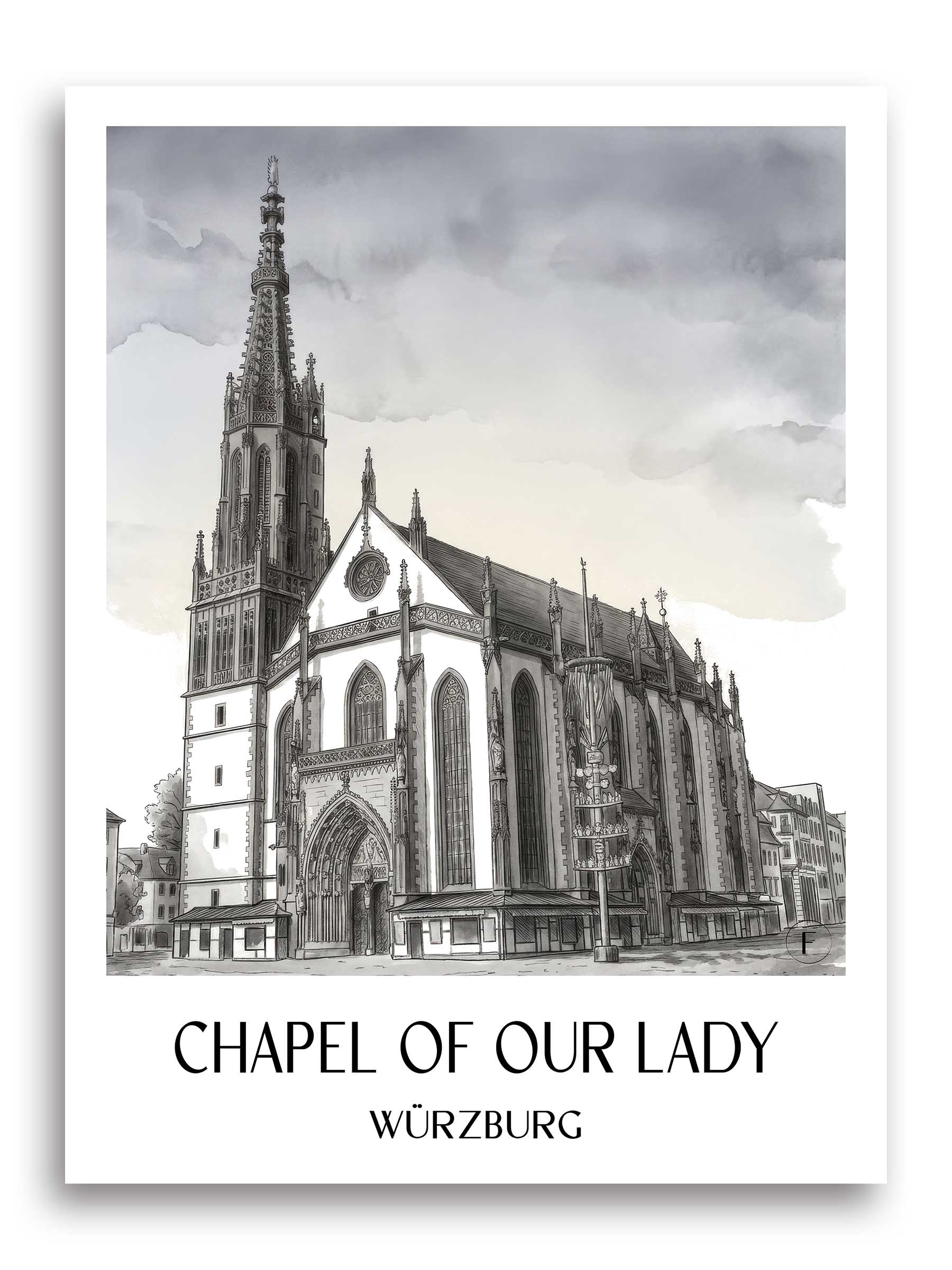 Marienkapelle Poster - Würzburg - Deutschland Kunstdruck - Aquarell Schwarz-Weiß von A4 bis A1