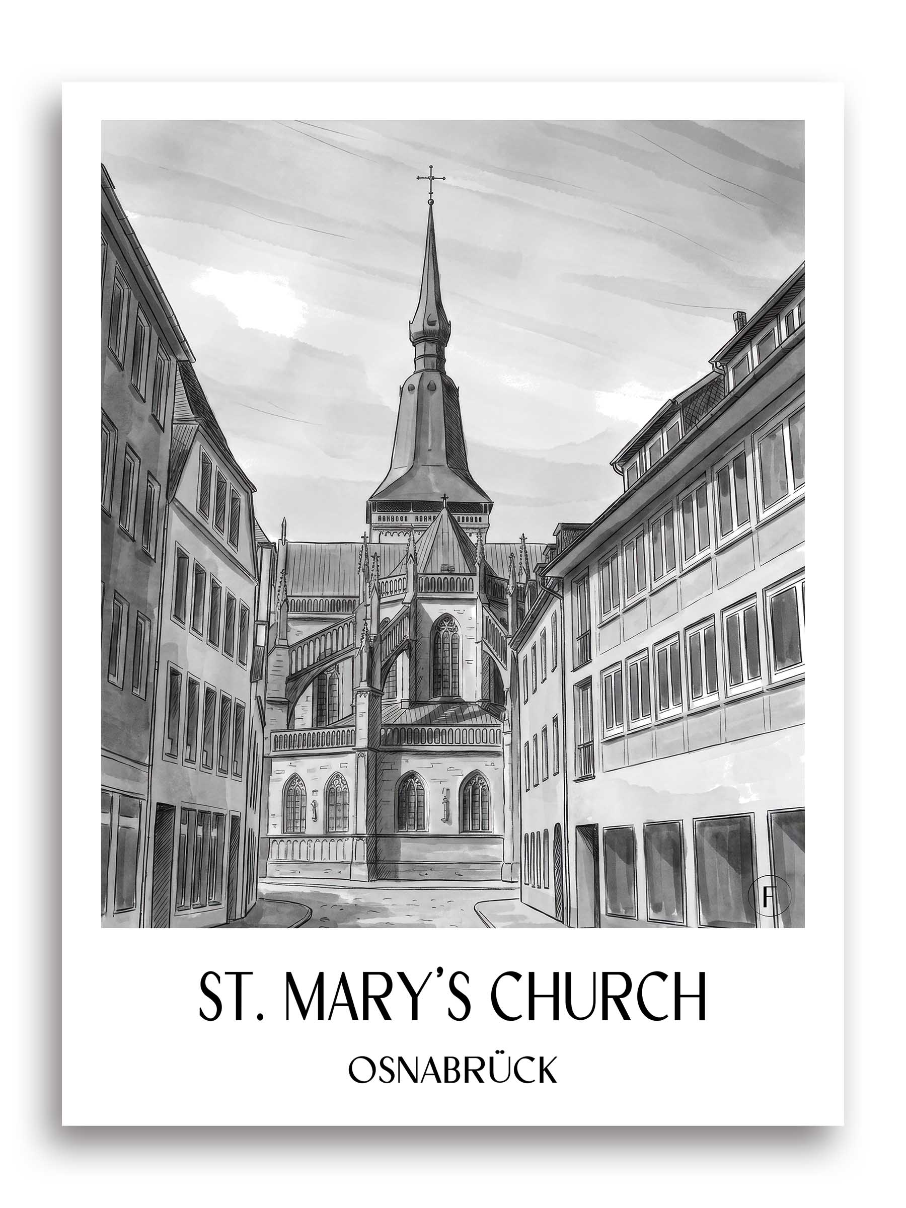 Marienkirche Poster - Osnabrück - Deutschland Kunstdruck - Aquarell Schwarz-Weiß von A4 bis A1