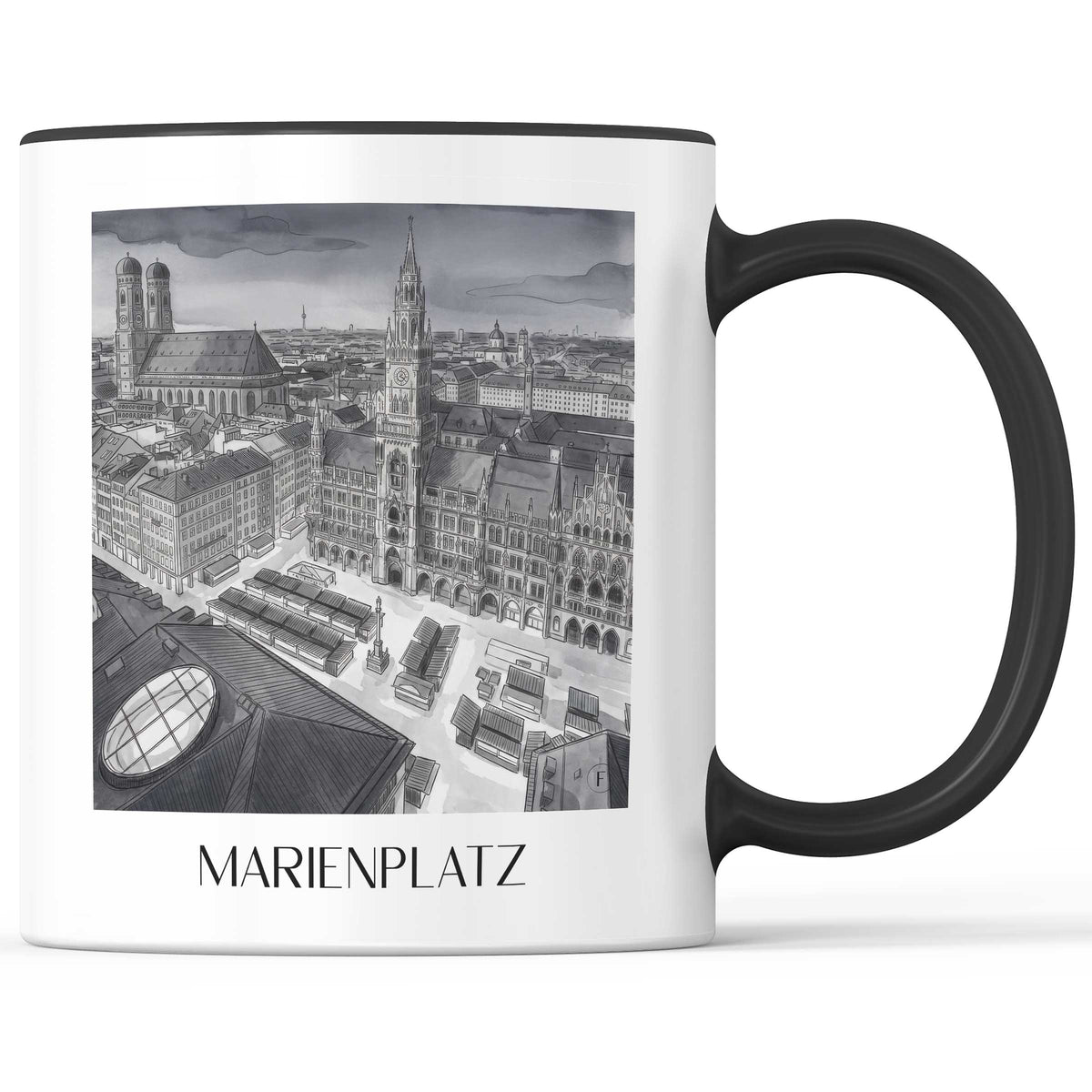 marienplatz-münchen-deutschland-kaffeebecher-aquarell-schwarz-weiss
