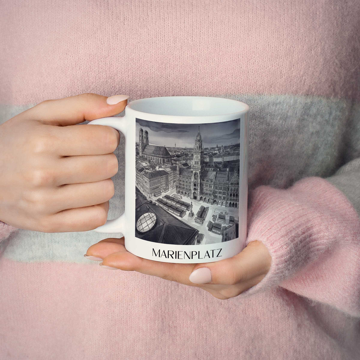 marienplatz-münchen-deutschland-kaffeebecher-aquarell-schwarz-weiss
