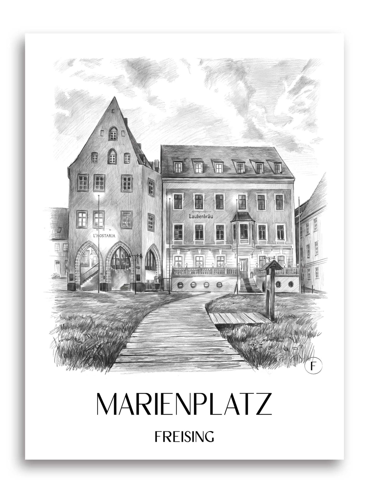 Marienplatz Poster - Freising - Deutschland Kunstdruck - Zeichnung von A4 bis A1