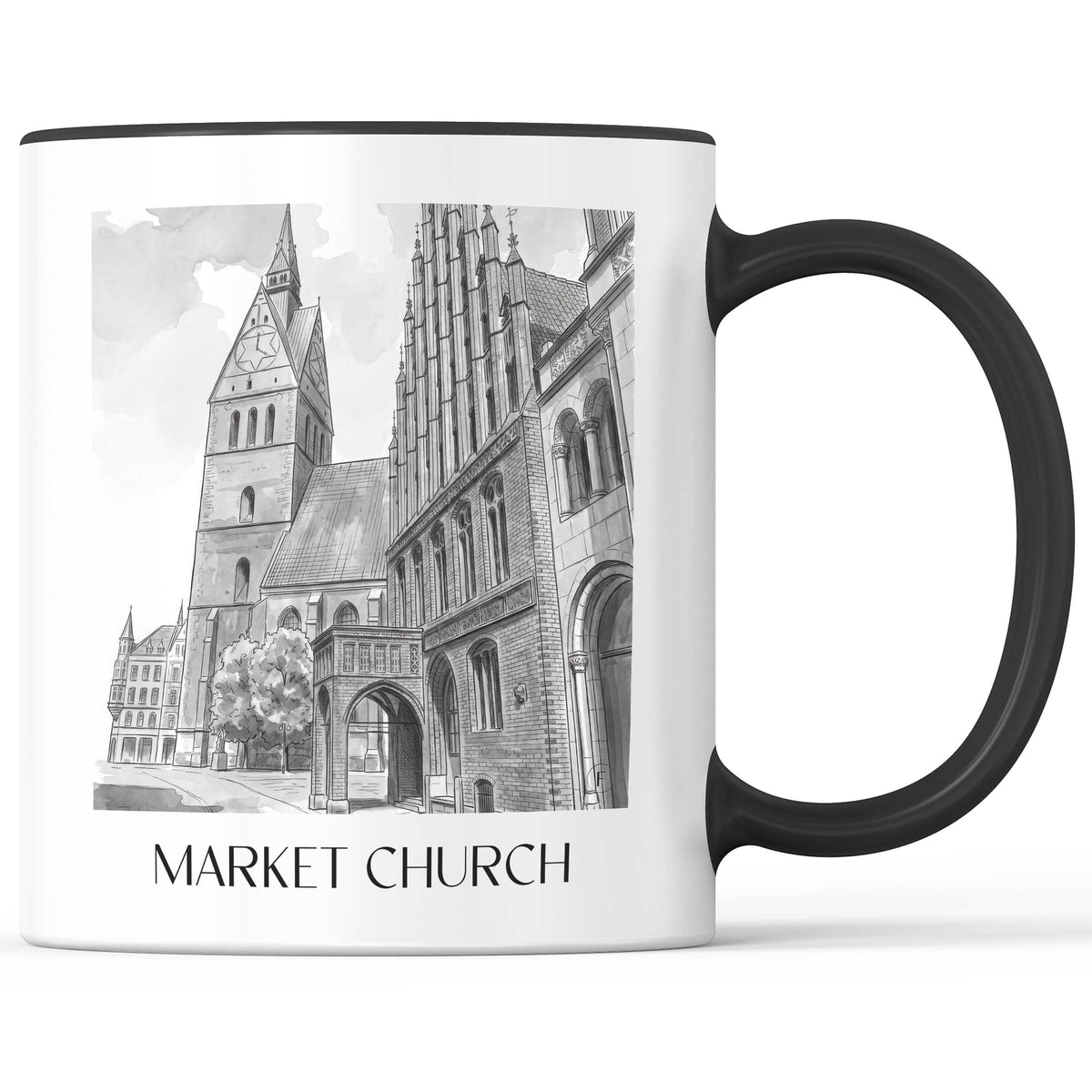 Marktkirche Kaffeebecher - Hannover - Deutschland Becher - Kaffeetasse im Aquarell Schwarz-Weiß Stil - favplace
