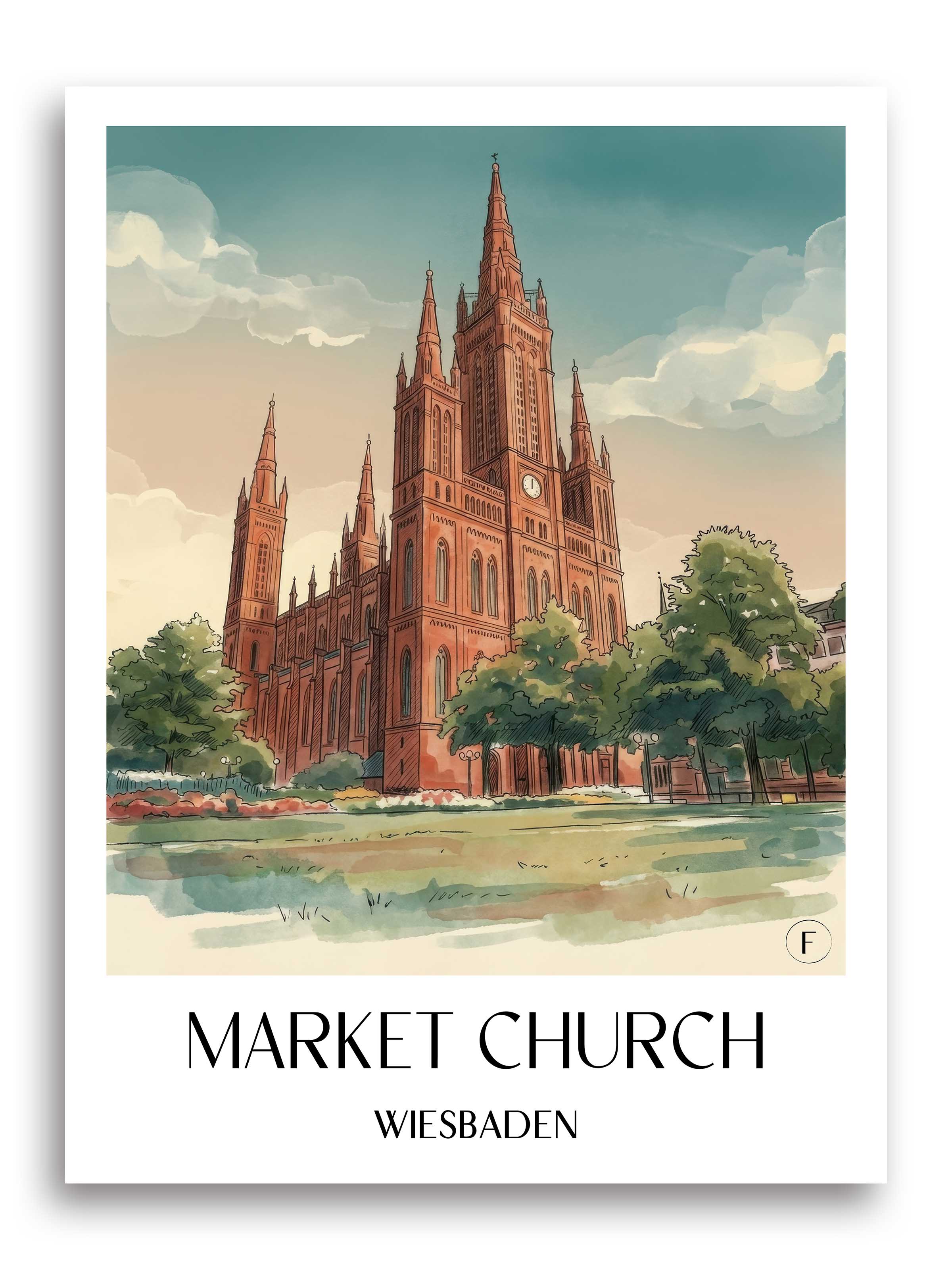 Marktkirche Poster - Wiesbaden - Deutschland Kunstdruck - Aquarell von A4 bis A1 - favplace