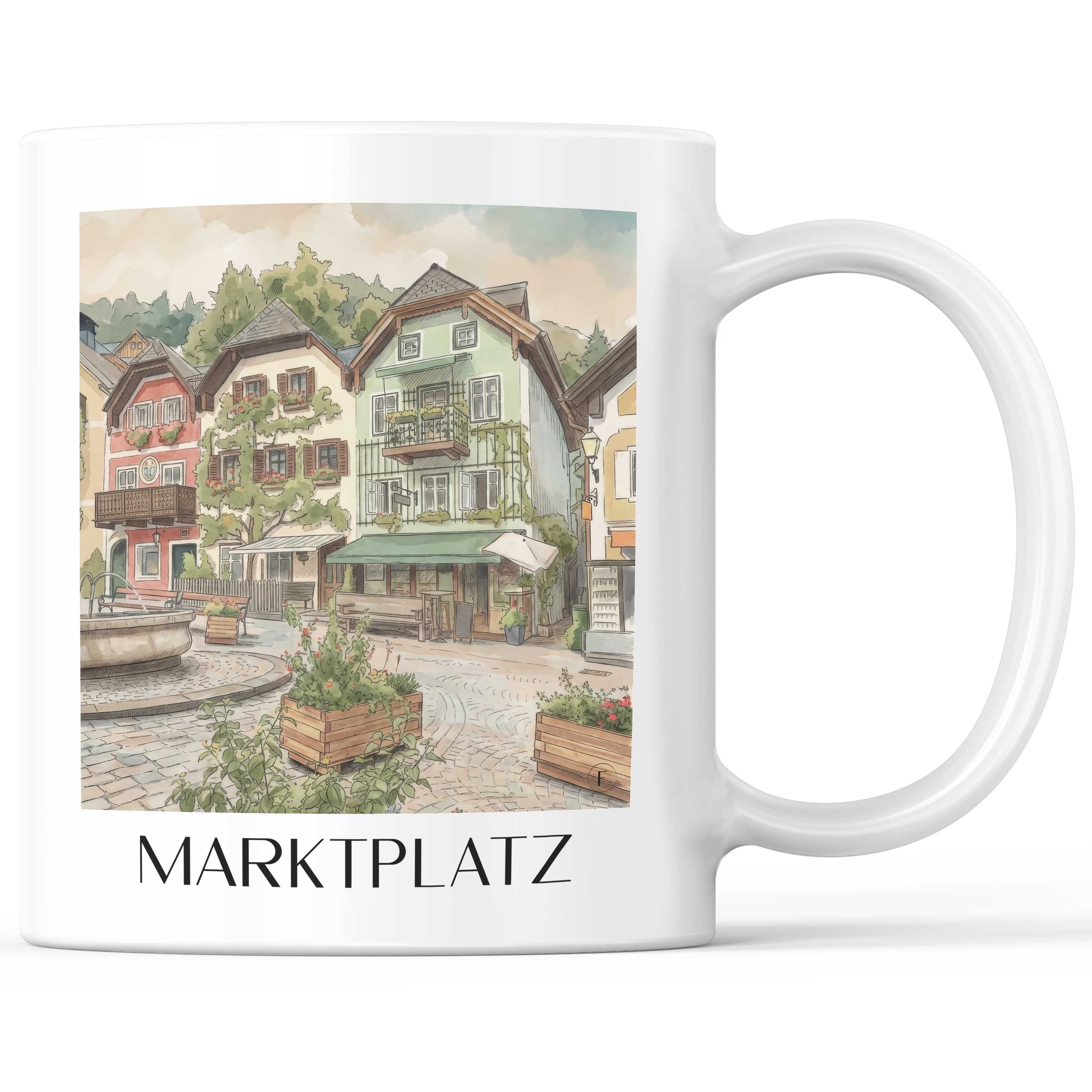 marktplatz-hallstatt-österreich-kaffeebecher-aquarell