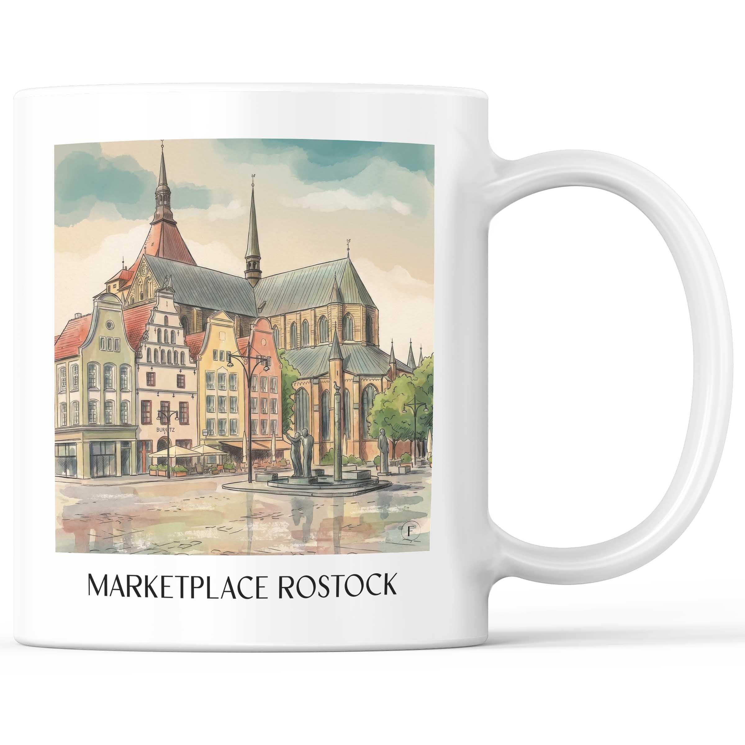Marktplatz Kaffeebecher - Rostock - Deutschland Becher - Kaffeetasse im Aquarell Stil - favplace