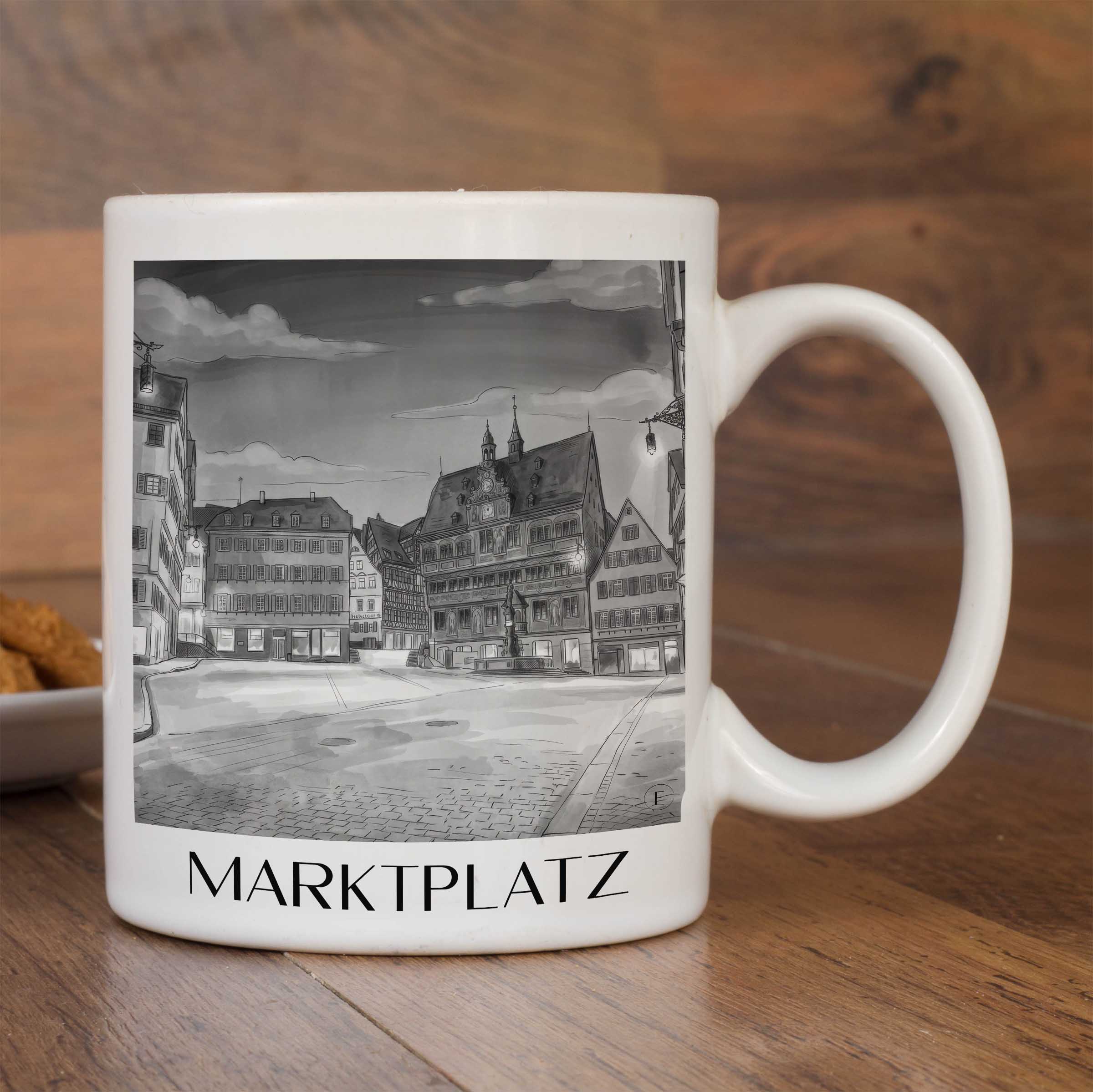 marktplatz-tübingen-deutschland-kaffeebecher-aquarell-schwarz-weiss