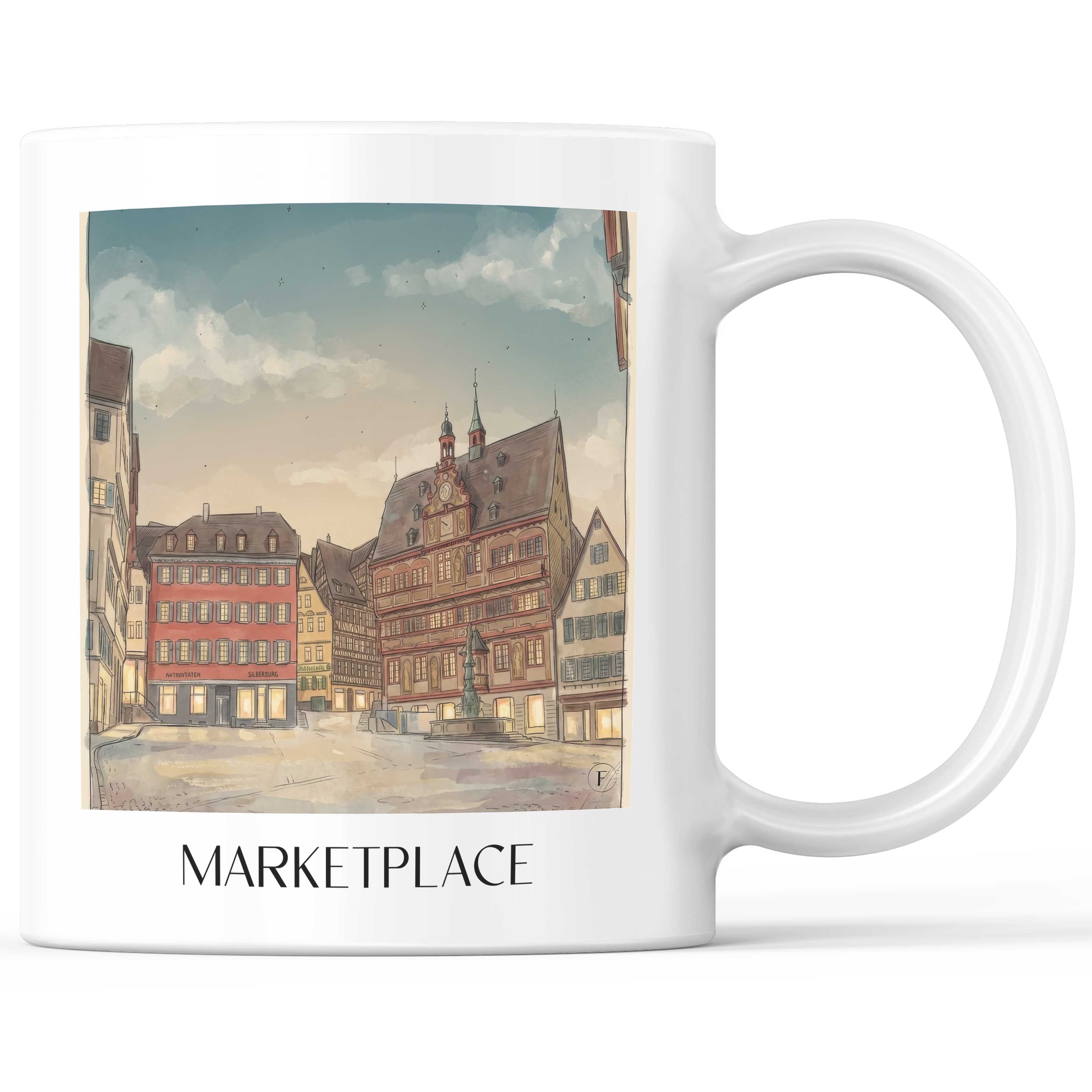 Marktplatz Kaffeebecher - Tübingen - Deutschland Becher - Kaffeetasse im Aquarell Stil - favplace