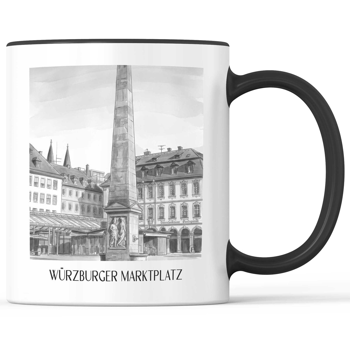 marktplatz-würzburg-deutschland-kaffeebecher-aquarell-schwarz-weiss