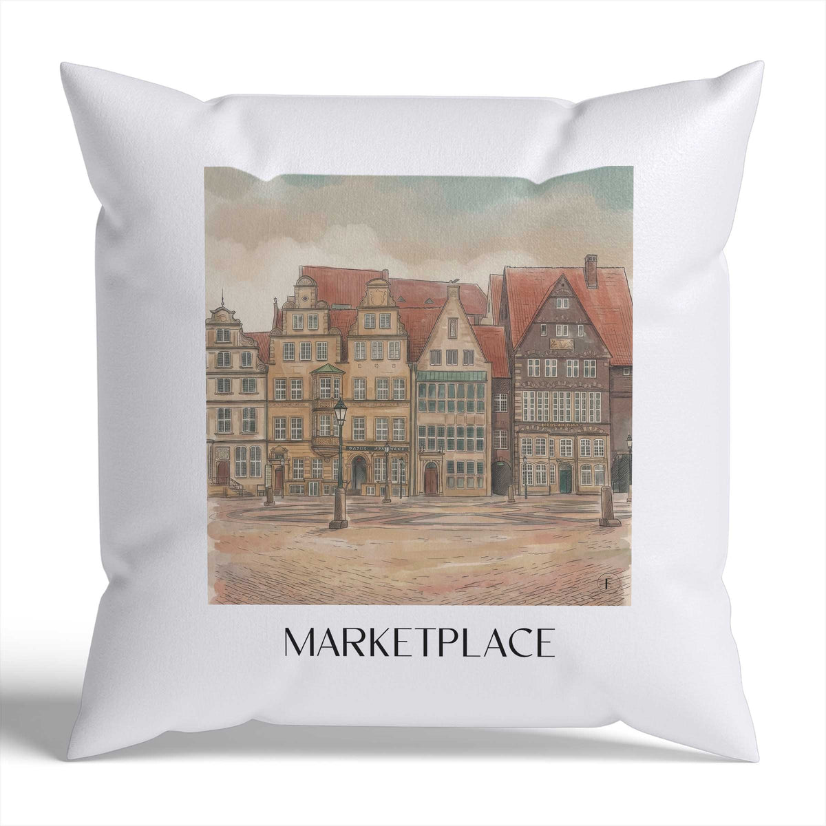 Marktplatz Kissenhülle - Zierkissen Bezug - Bremen - Deutschland Kissen bzw. Kissenbezug im Aquarell Stil - favplace