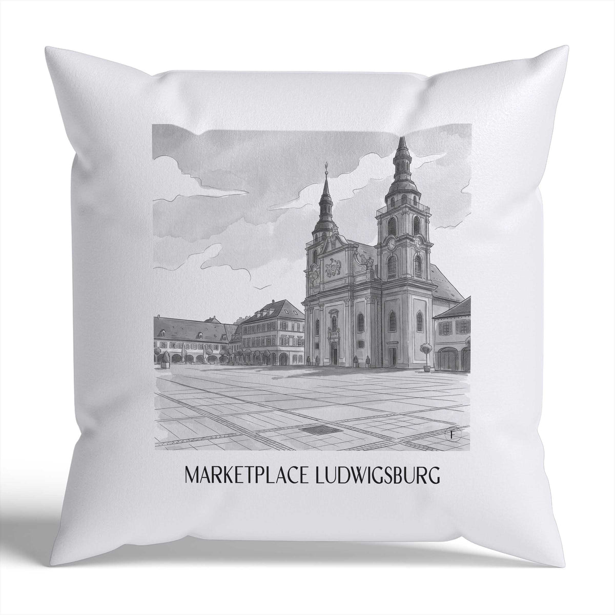 Marktplatz Kissenhülle - Zierkissen Bezug - Ludwigsburg - Deutschland Kissen bzw. Kissenbezug im Aquarell Schwarz-Weiß Stil - favplace
