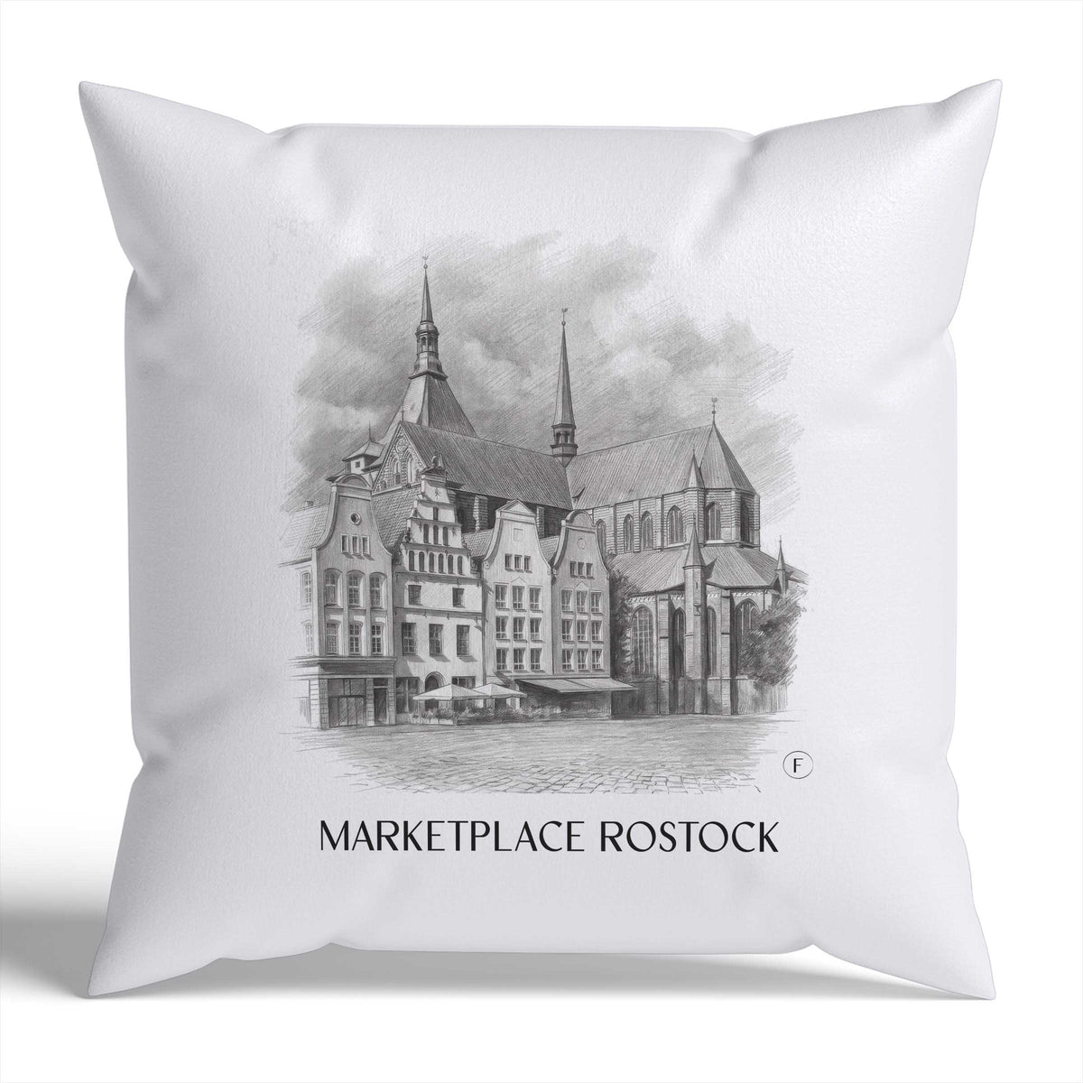 Marktplatz Kissenhülle - Zierkissen Bezug - Rostock - Deutschland Kissen bzw. Kissenbezug im Zeichnung Stil - favplace