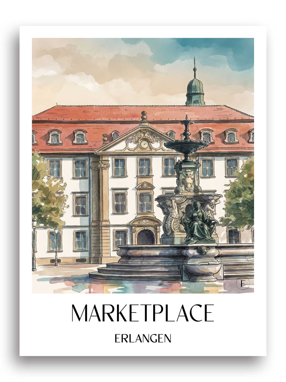 Marktplatz Poster - Erlangen - Deutschland Kunstdruck - Aquarell von A4 bis A1 - favplace