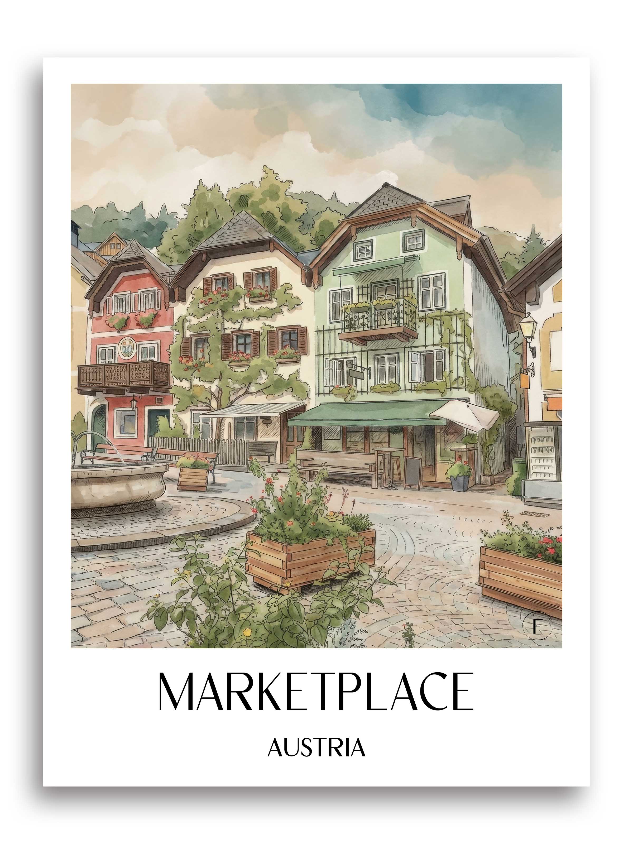 Marktplatz Poster - Hallstatt - Österreich Kunstdruck - Aquarell von A4 bis A1 - favplace