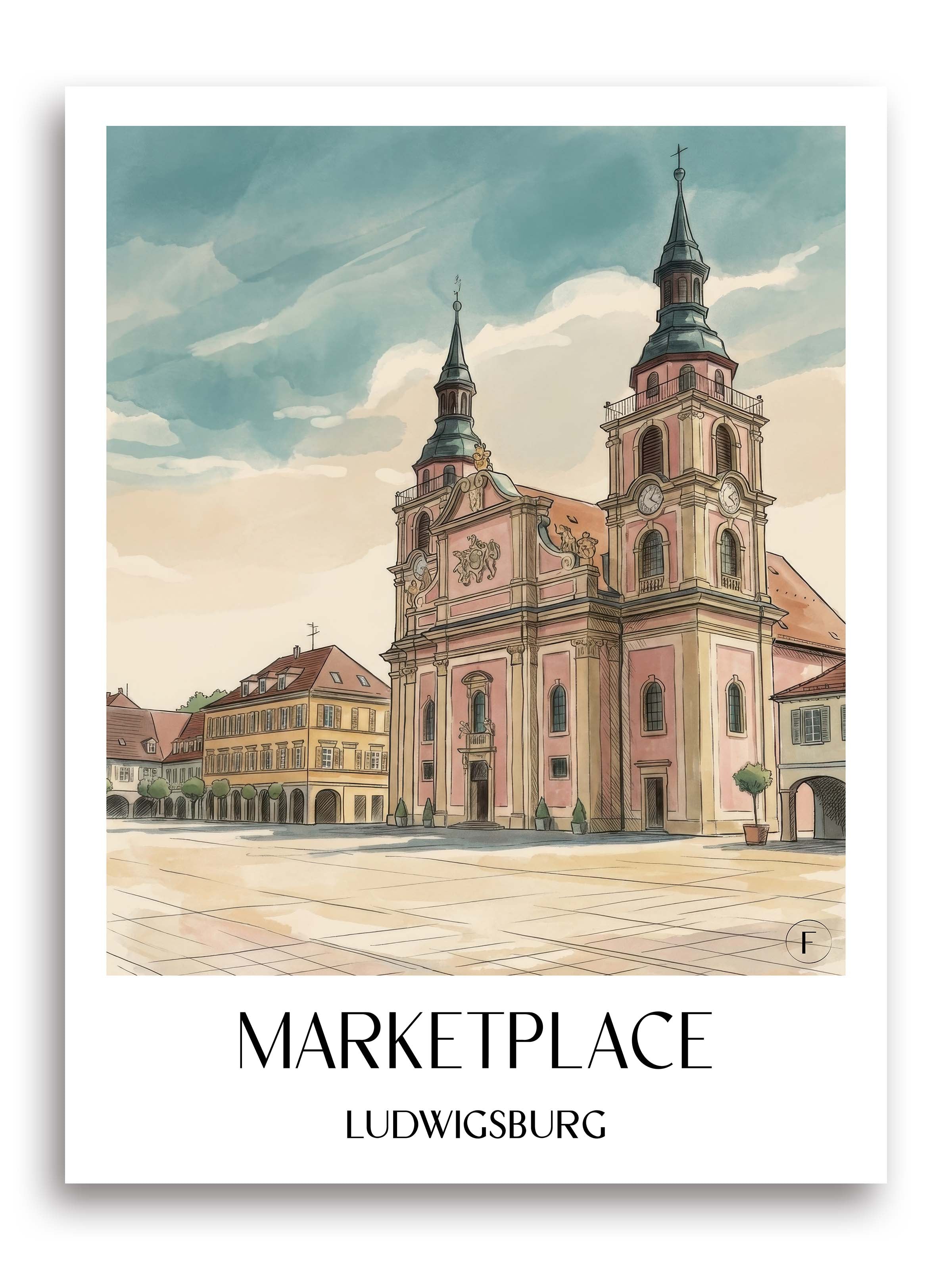 Marktplatz Poster - Ludwigsburg - Deutschland Kunstdruck - Aquarell von A4 bis A1 - favplace