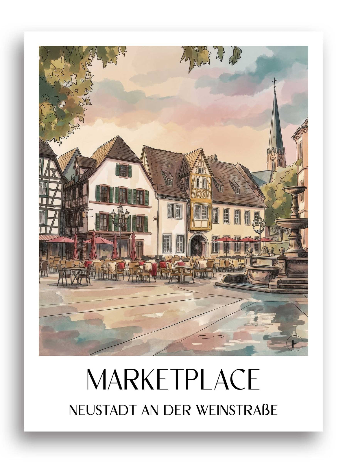 Marktplatz Poster - Neustadt an der Weinstraße - Deutschland Kunstdruck - Aquarell von A4 bis A1 - favplace