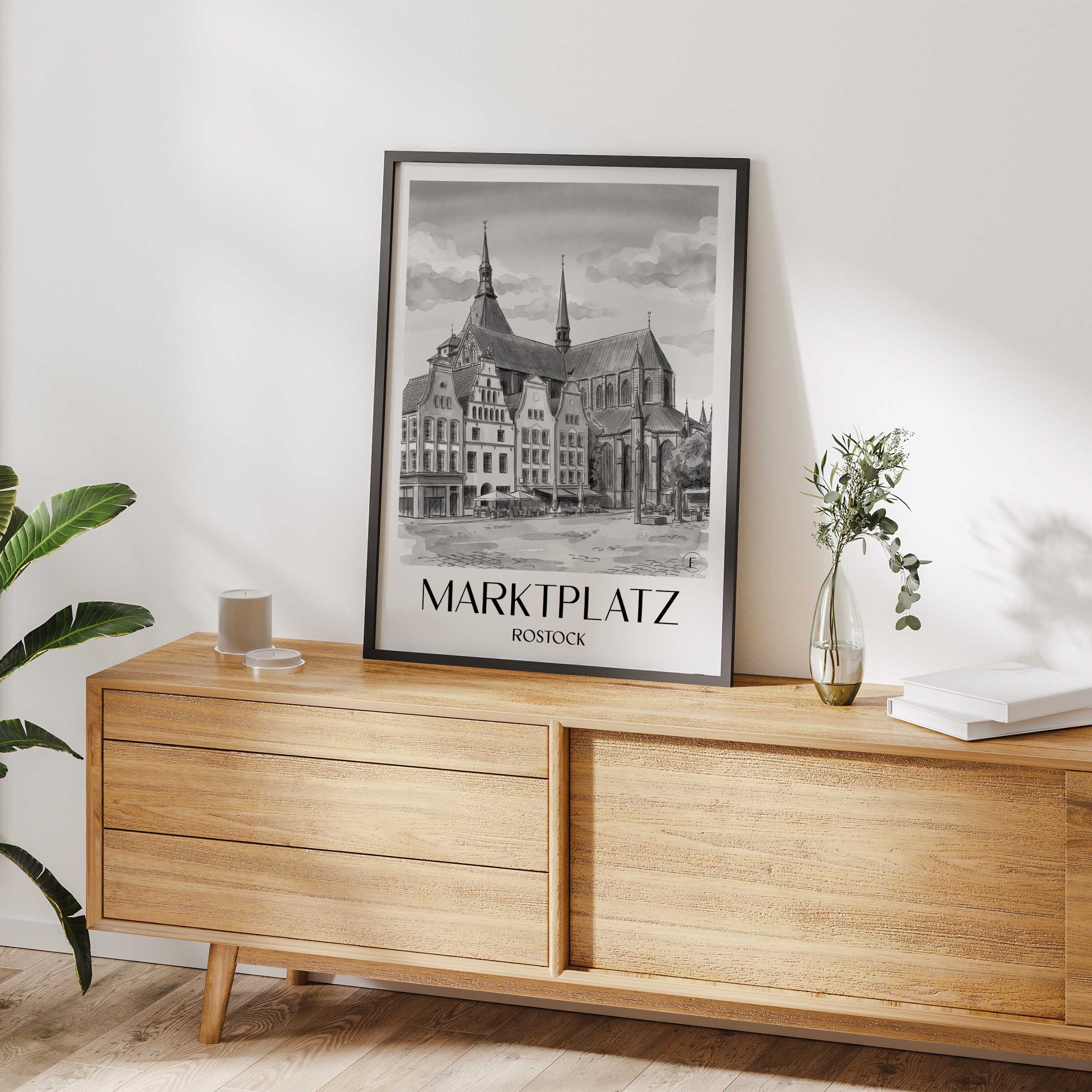 marktplatz-rostock-deutschland-poster-aquarell-schwarz-weiss