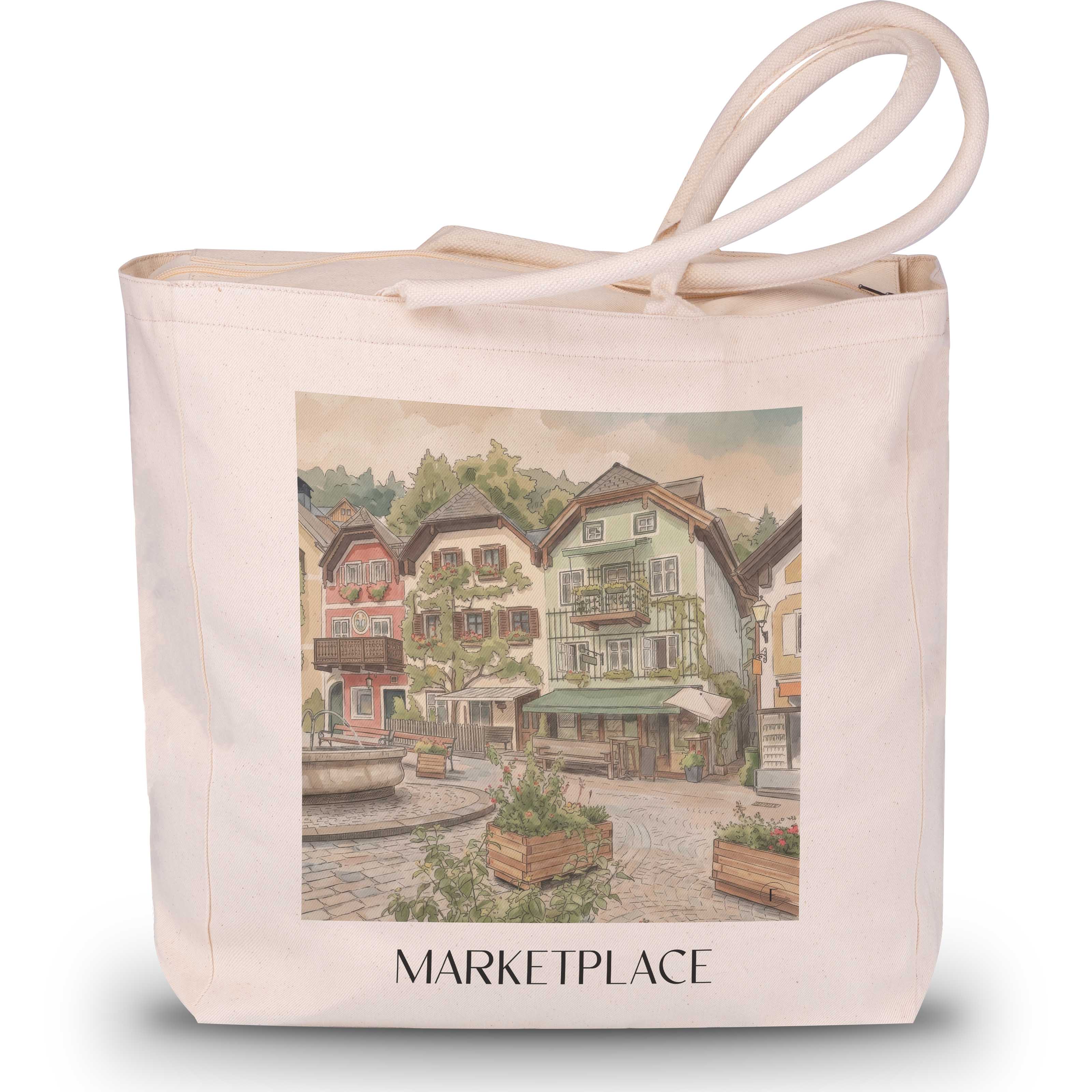 Marktplatz Shopping Tasche - Hallstatt - Österreich Tote Bag - Einkaufstasche im Aquarell Stil - favplace