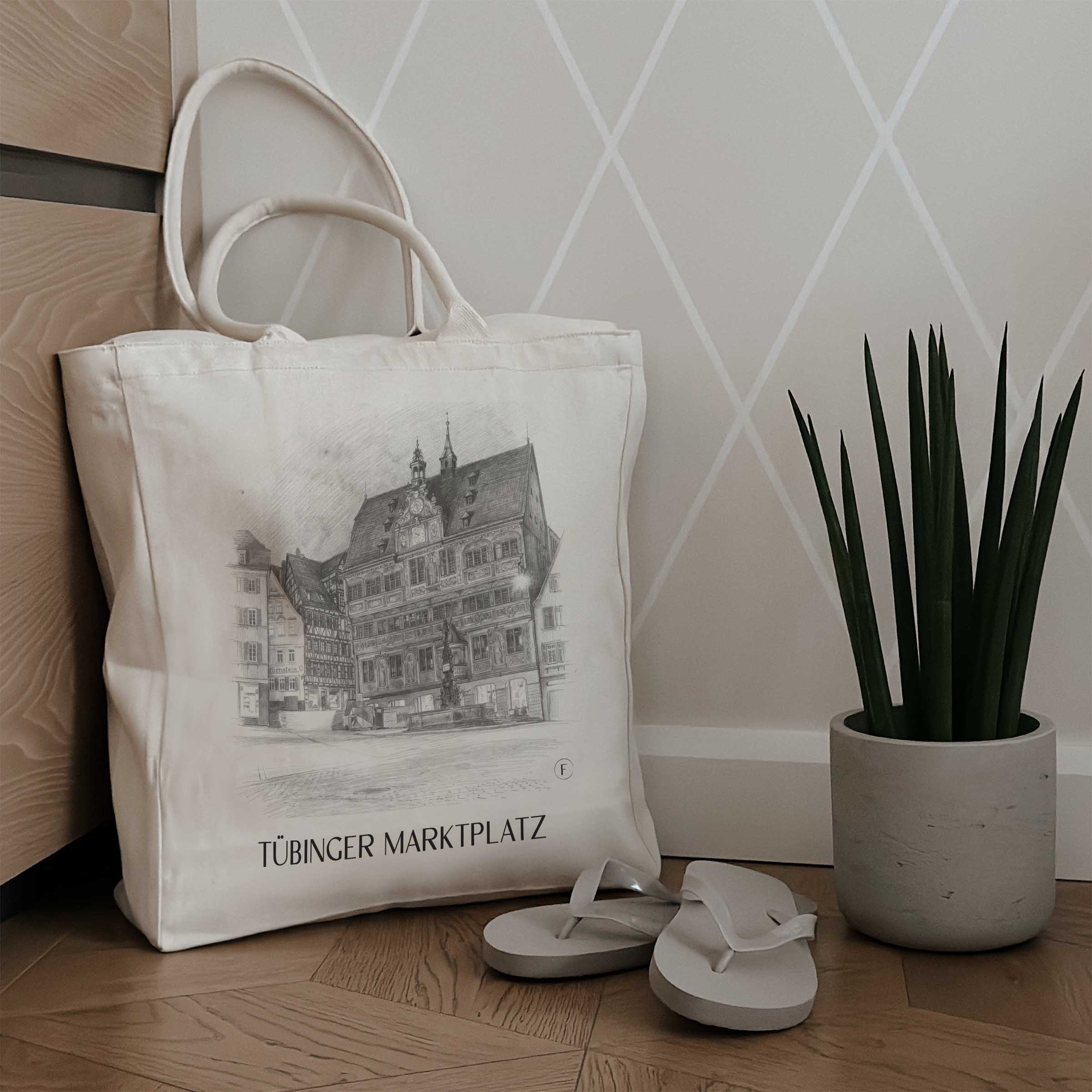 marktplatz-tübingen-deutschland-einkaufstasche-bleistift-zeichnung-drawing