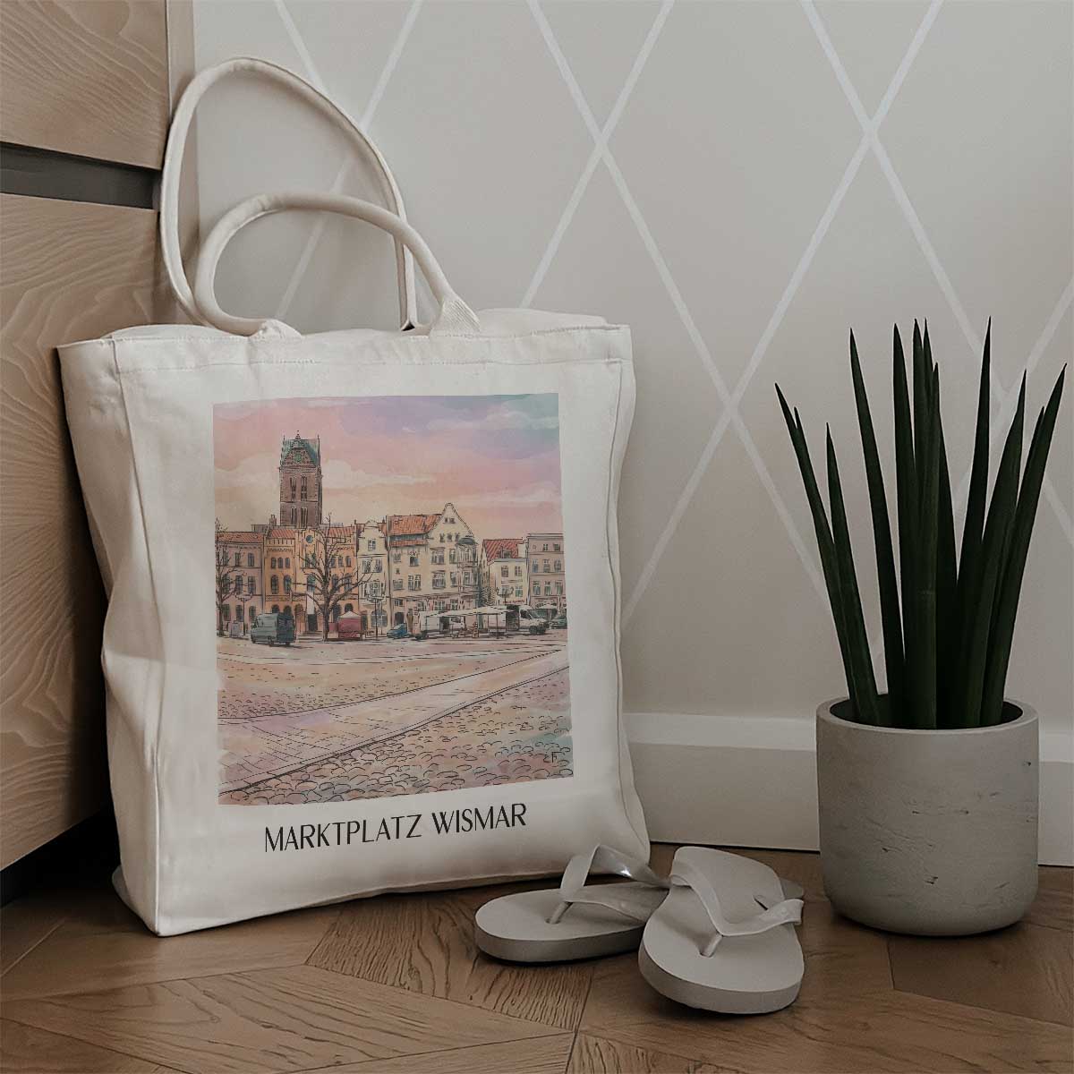 marktplatz-wismar-deutschland-einkaufstasche-aquarell