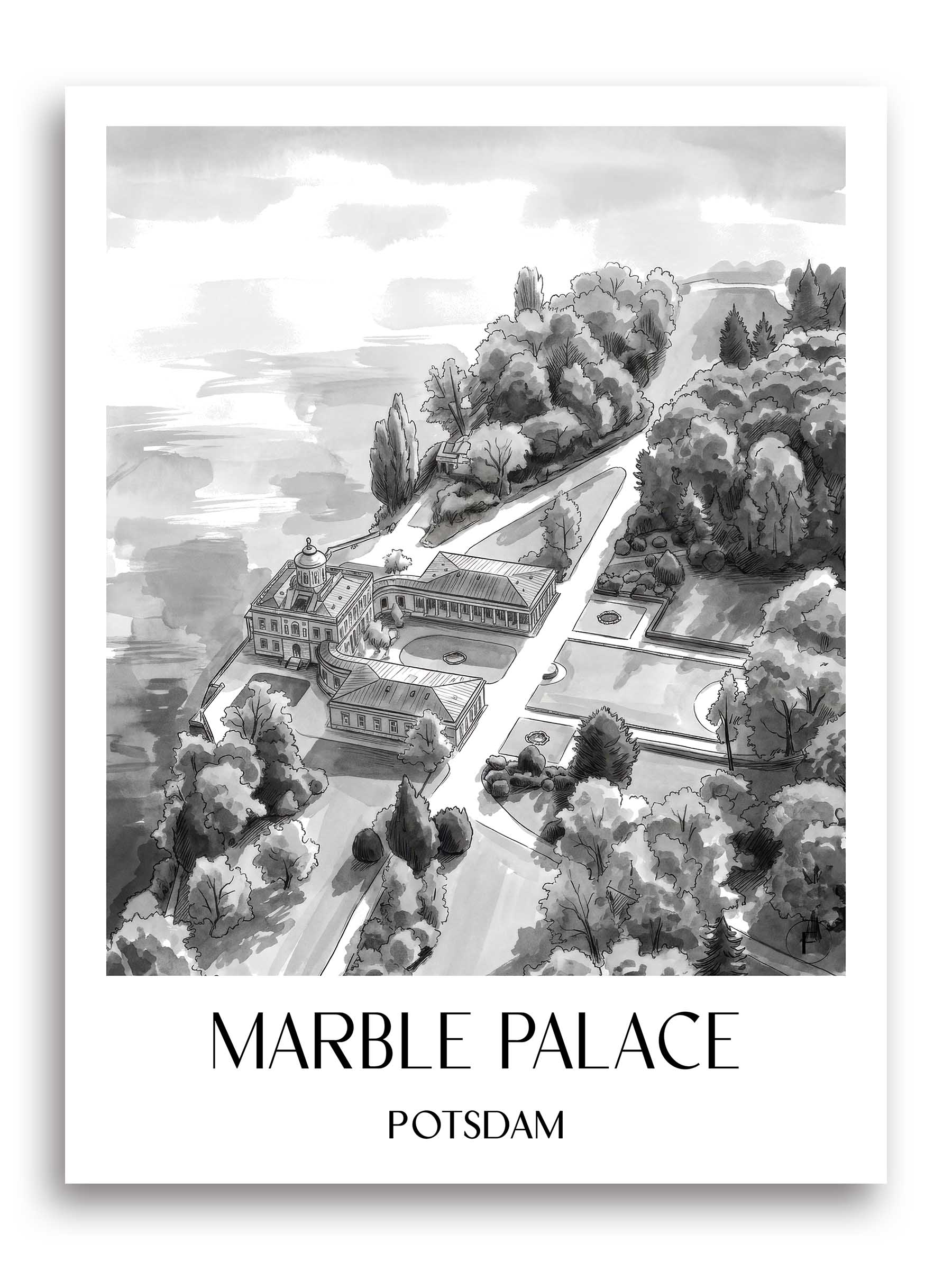 Marmorpalais Poster - Potsdam - Deutschland Kunstdruck - Aquarell Schwarz-Weiß von A4 bis A1 - favplace