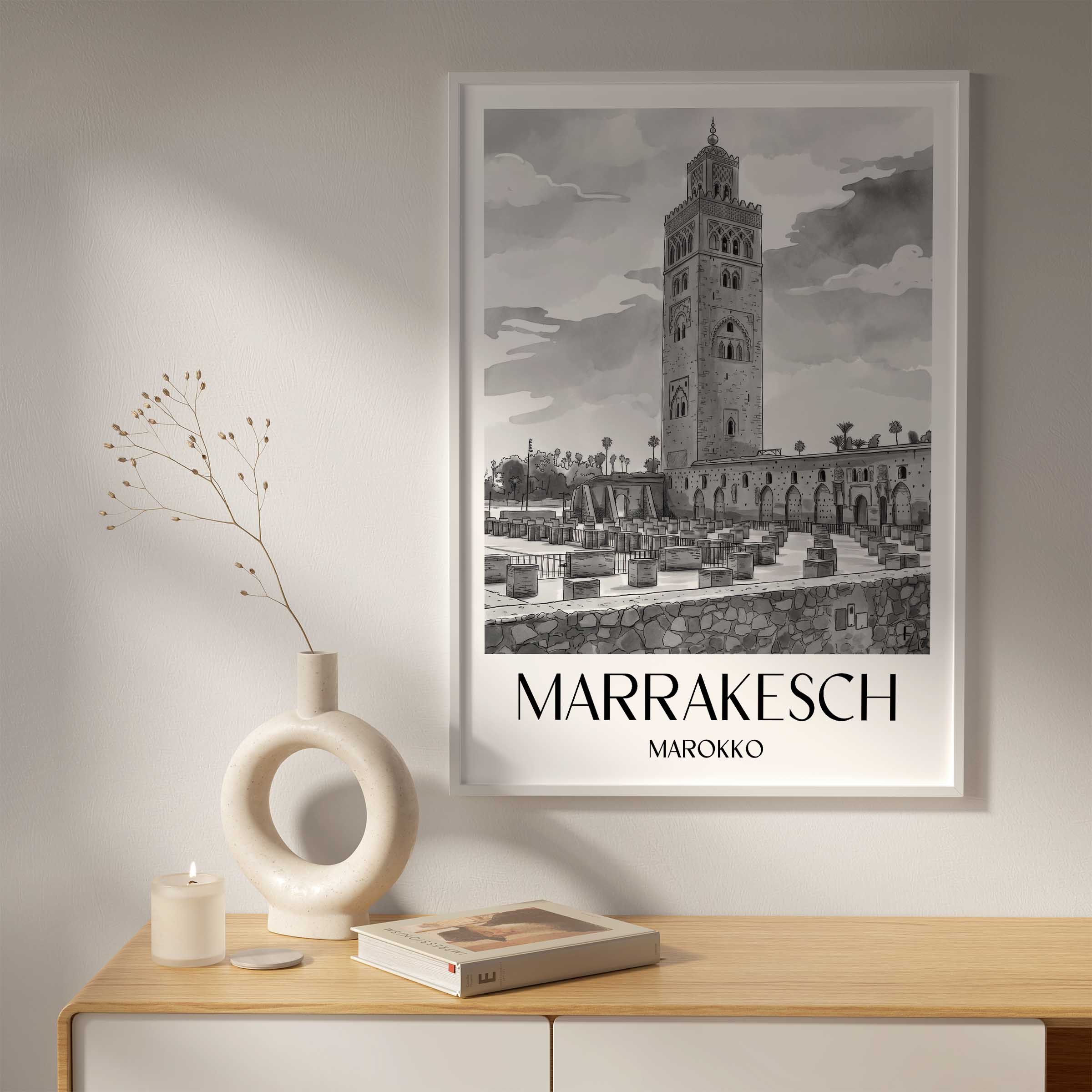 marrakesch-marokko-poster-aquarell-schwarz-weiss
