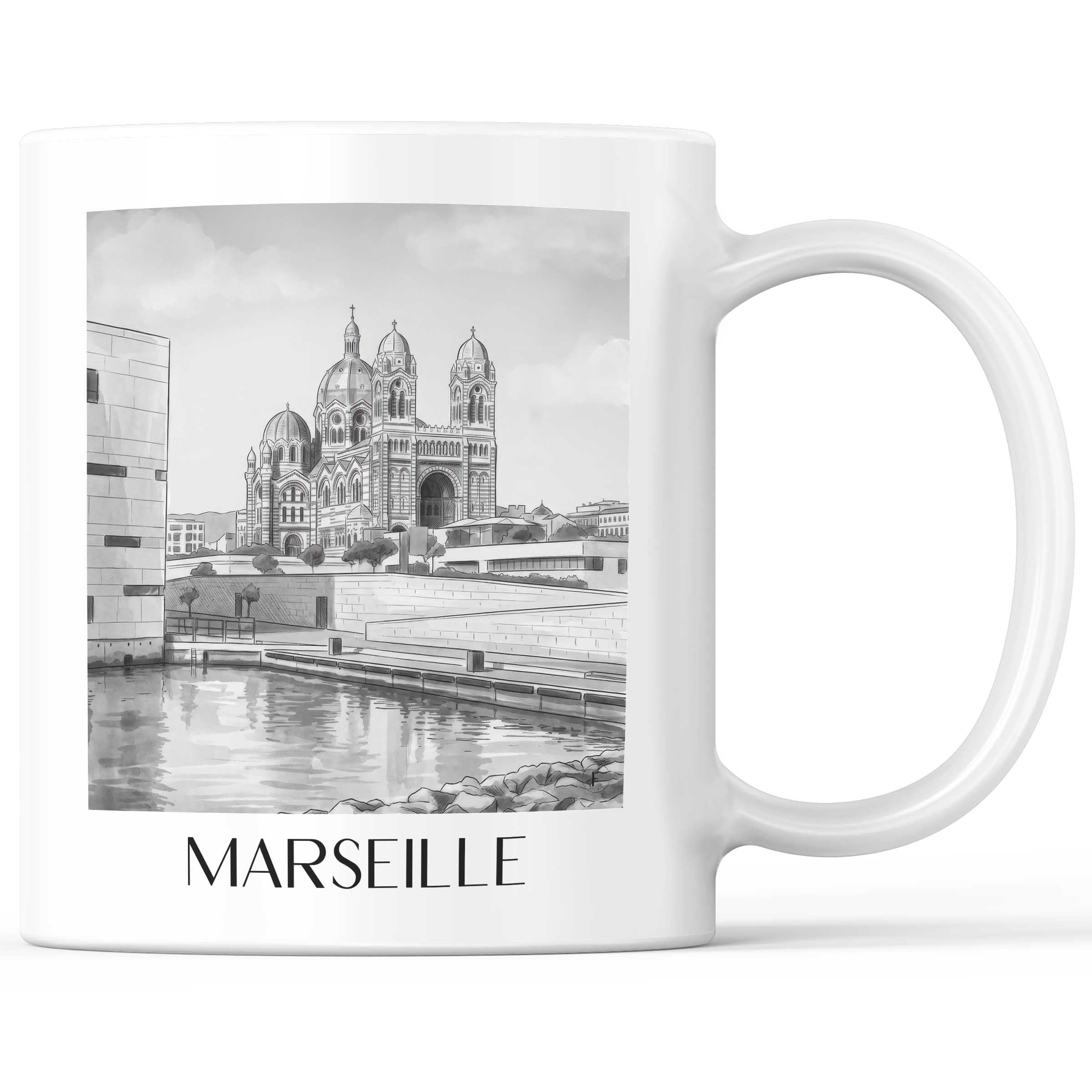 Marseille - Frankreich Becher - Kaffeetasse im Aquarell Schwarz-Weiß Stil - favplace