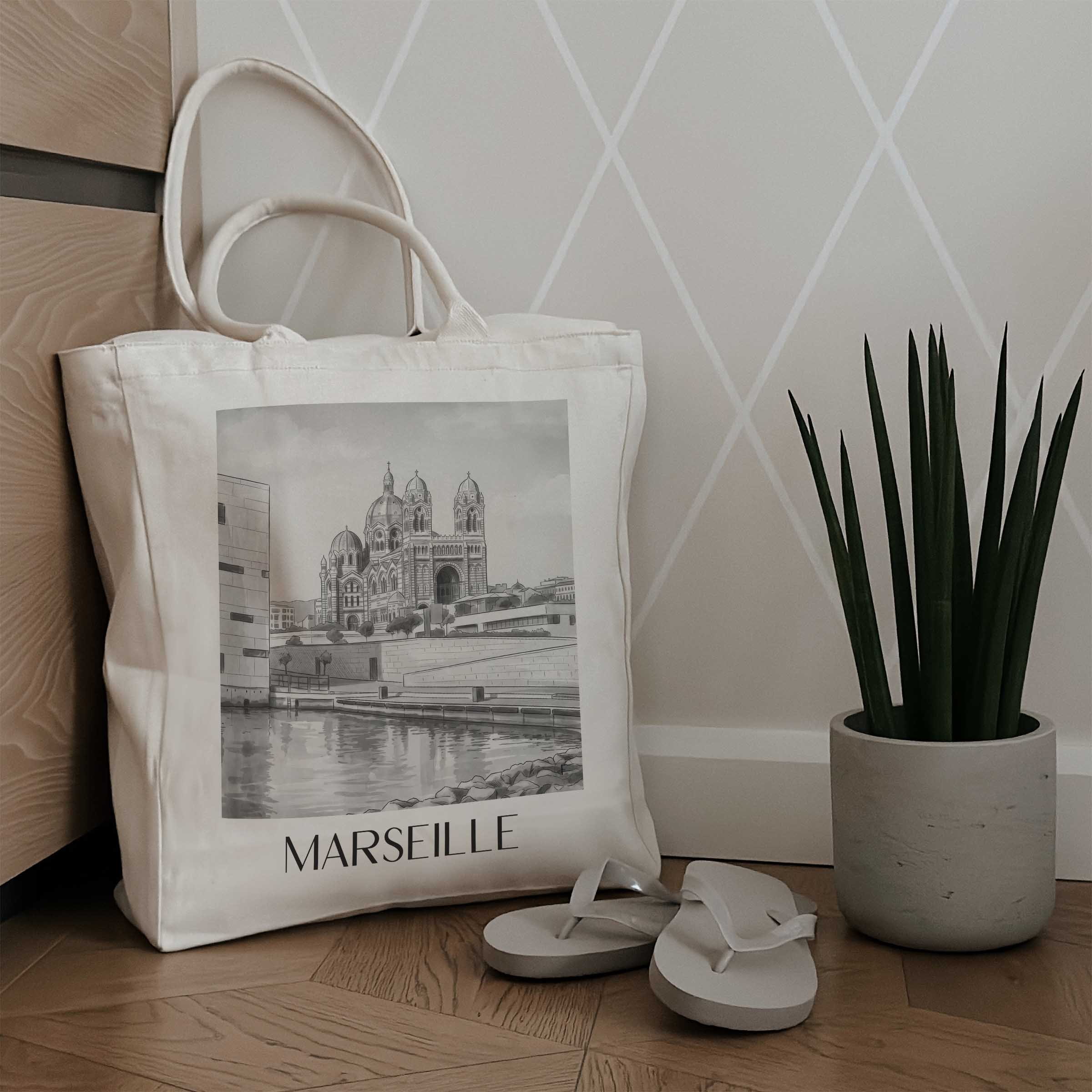marseille-frankreich-einkaufstasche-aquarell-schwarz-weiss