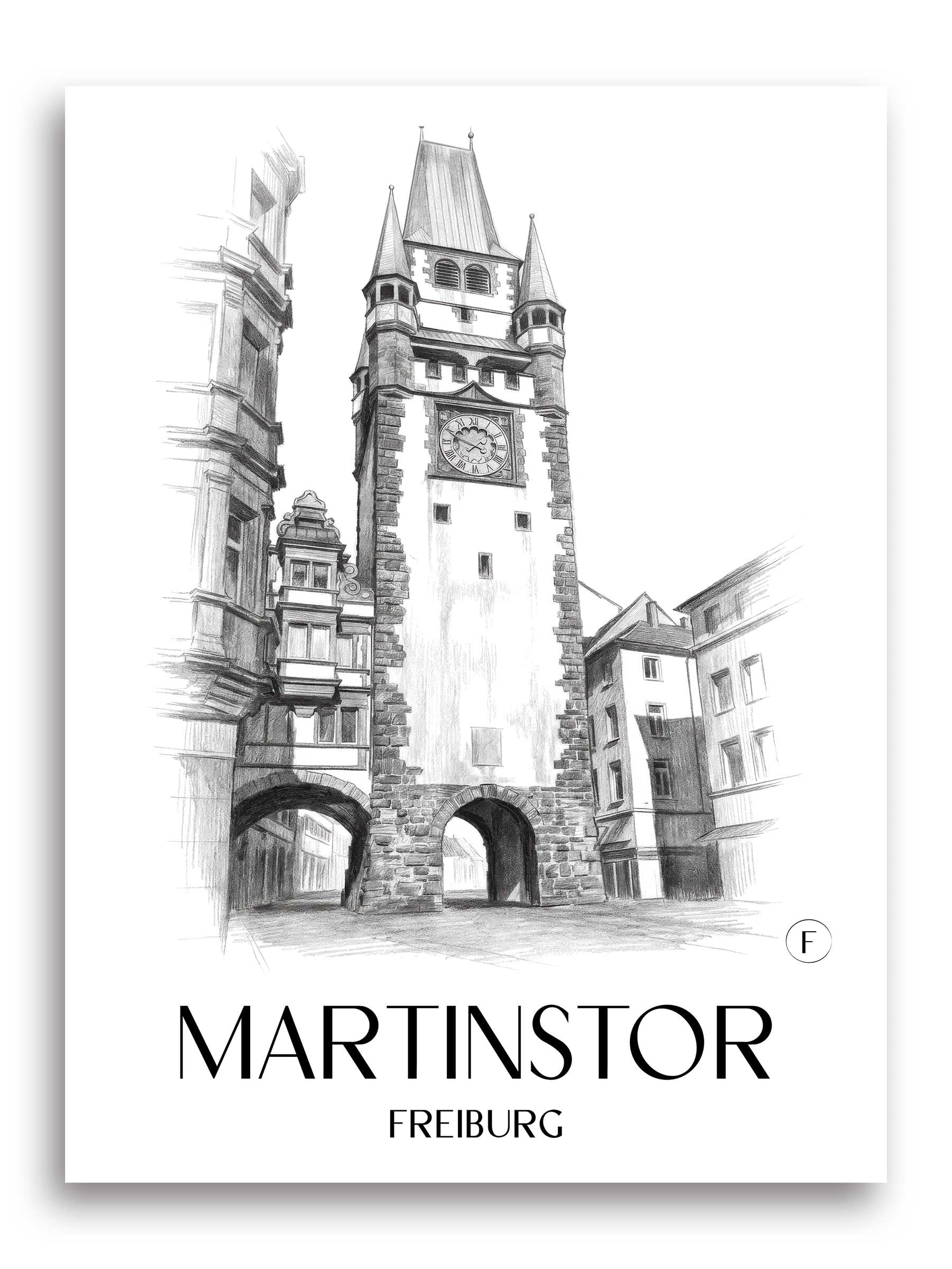 Martinstor Poster - Freiburg - Deutschland Kunstdruck - Zeichnung von A4 bis A1
