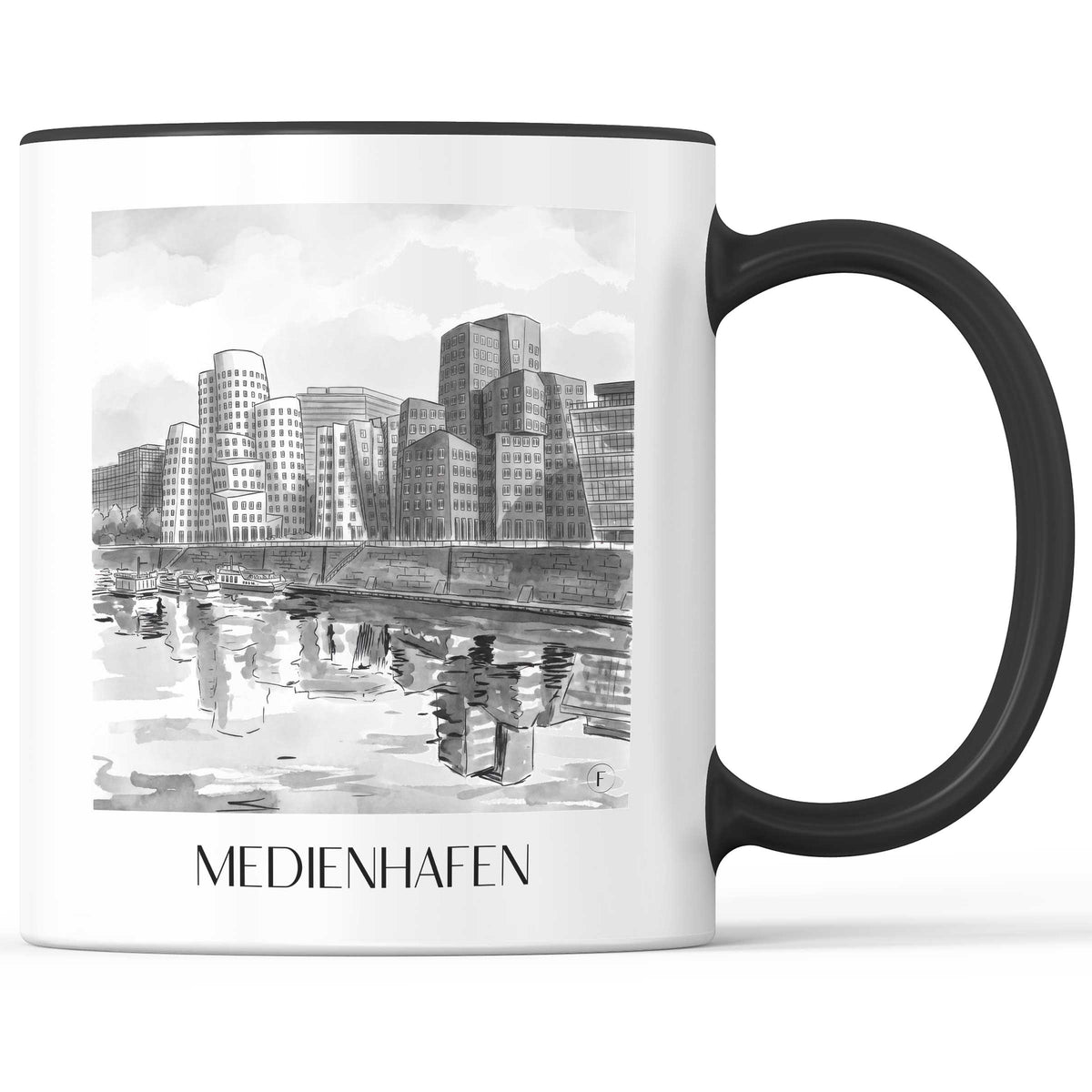 medienhafen-düsseldorf-deutschland-kaffeebecher-aquarell-schwarz-weiss