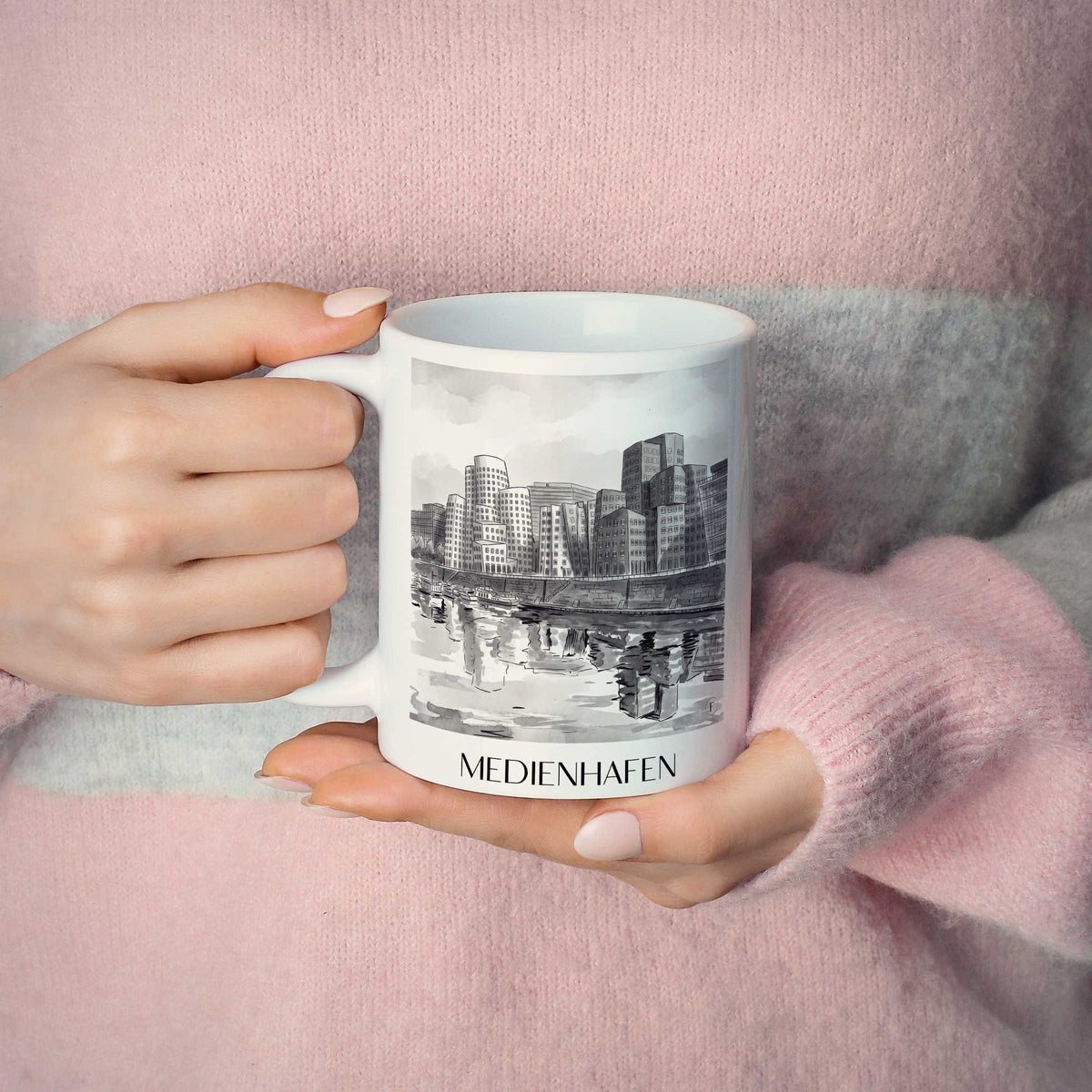 medienhafen-düsseldorf-deutschland-kaffeebecher-aquarell-schwarz-weiss
