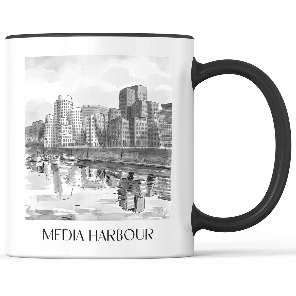 Medienhafen Kaffeebecher - Düsseldorf - Deutschland Becher - Kaffeetasse im Aquarell Schwarz-Weiß Stil - favplace