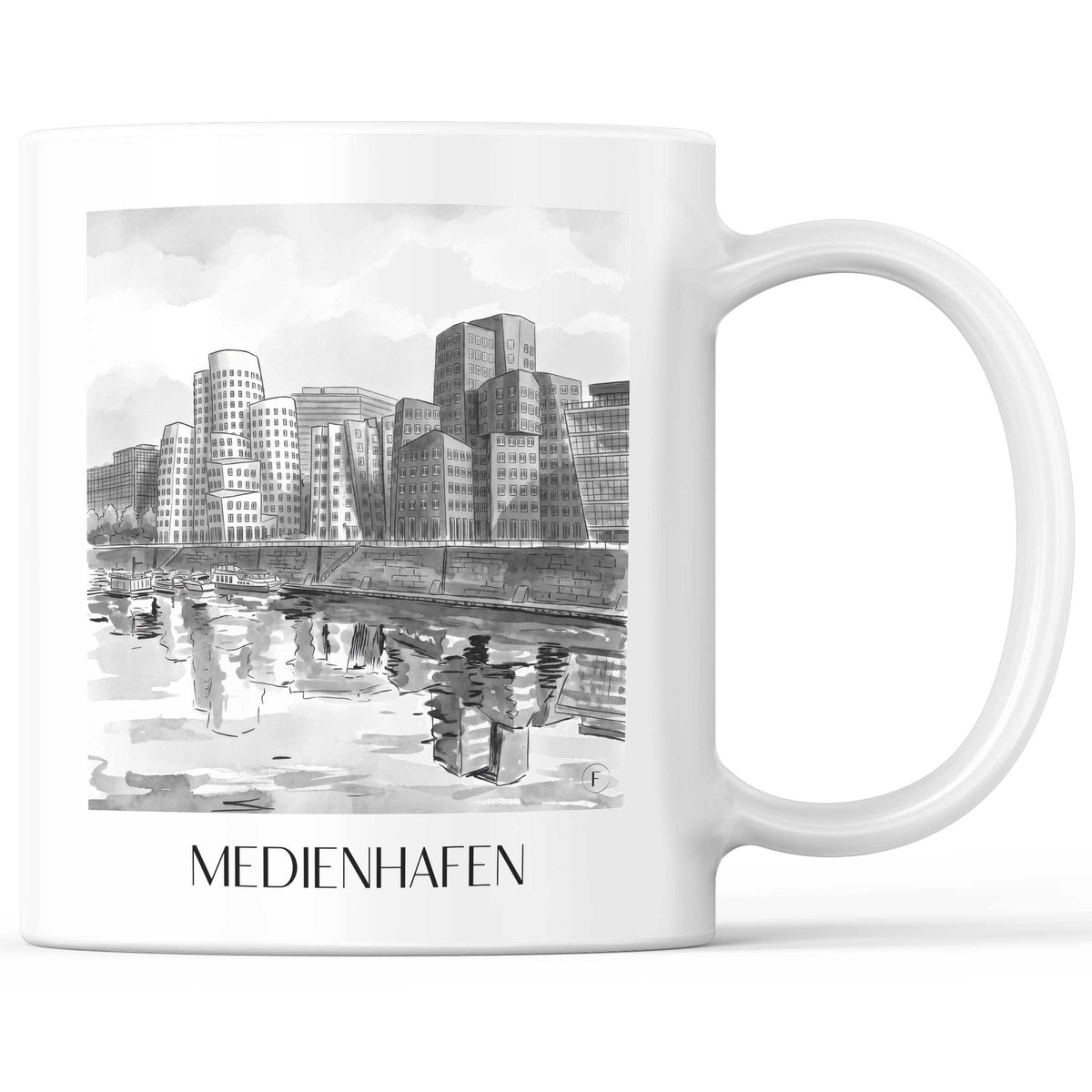 Medienhafen Kaffeebecher - Düsseldorf - Deutschland Becher - Kaffeetasse im Aquarell Schwarz-Weiß Stil - favplace