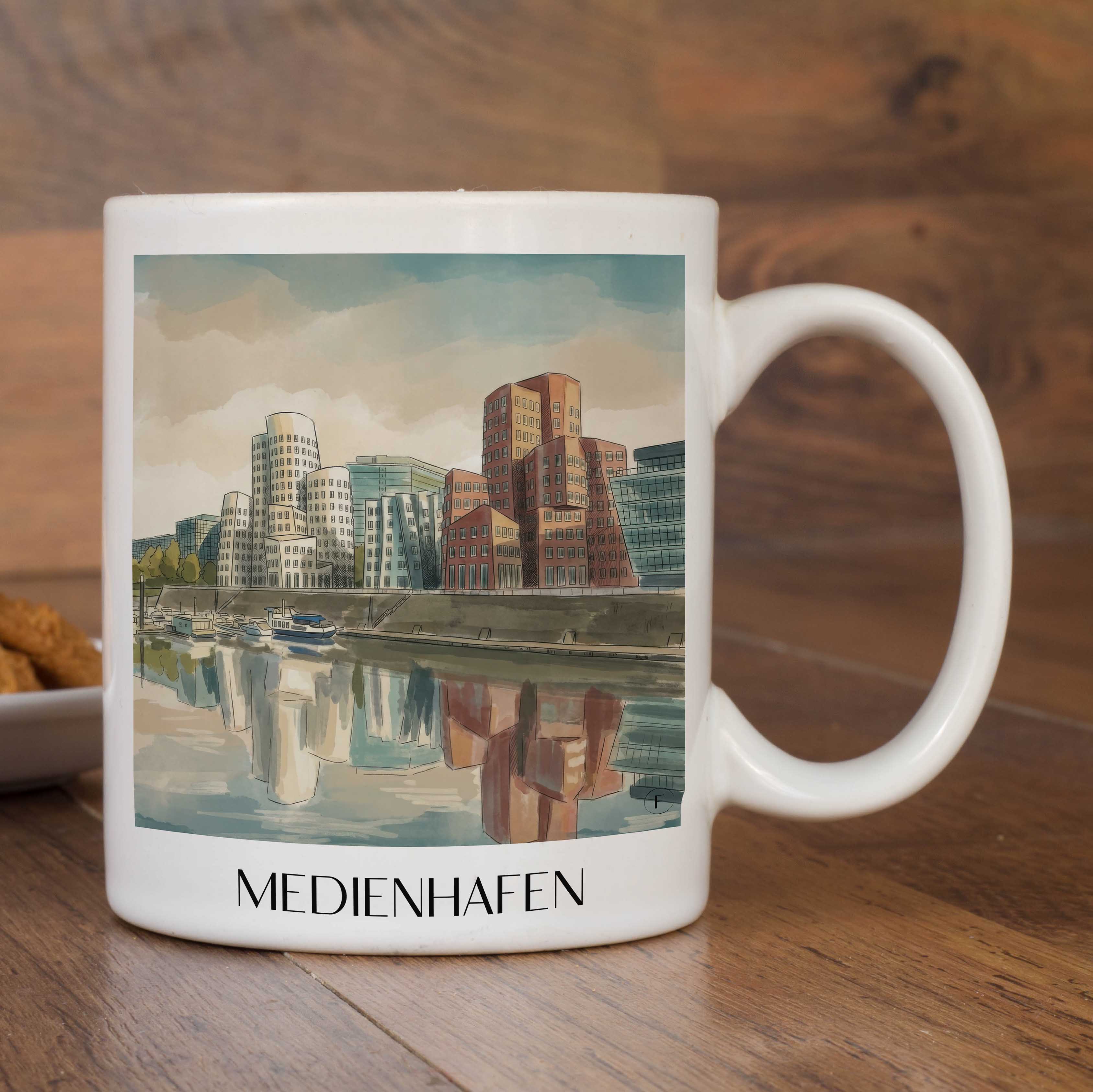 medienhafen-düsseldorf-deutschland-kaffeebecher-aquarell
