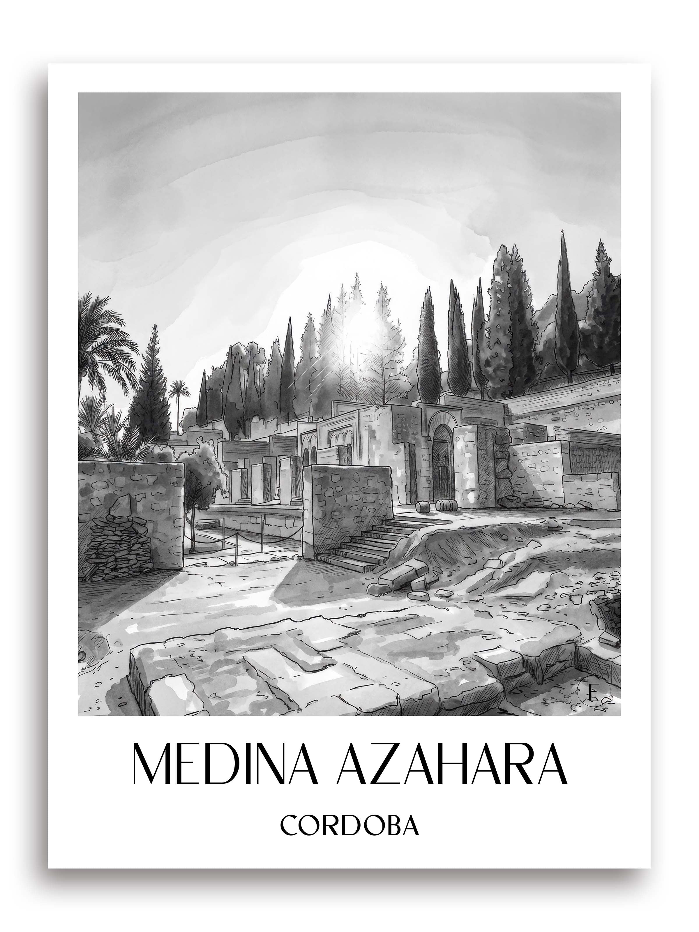 Medina Azahara Poster - Córdoba - Spanien Kunstdruck - Aquarell Schwarz-Weiß von A4 bis A1 - favplace
